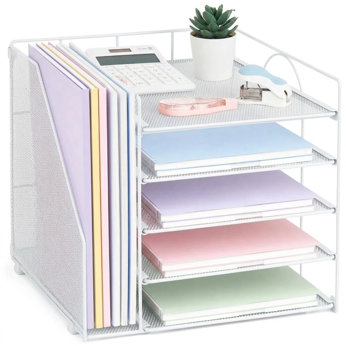 LEKETREE Organizador de Escritorio y Accesorios, Bandeja de Papel de 5 Niveles con Soporte para Archivos, Organizador de Escritorio para Suministros de Oficina, Accesorios de Escritorio de Oficina y