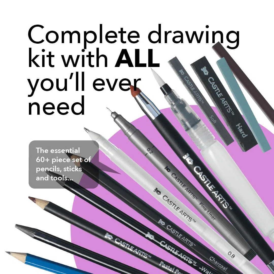 Castle Art Supplies Estuche 60 Uds. Dibujo y Esbozo | Lápices+Barras de Grafito, Carboncillo, Pastel, Solubles en Agua, Rotuladores Punta Fibra | Artistas y Profesionales | Estuche Portátil Cremallera