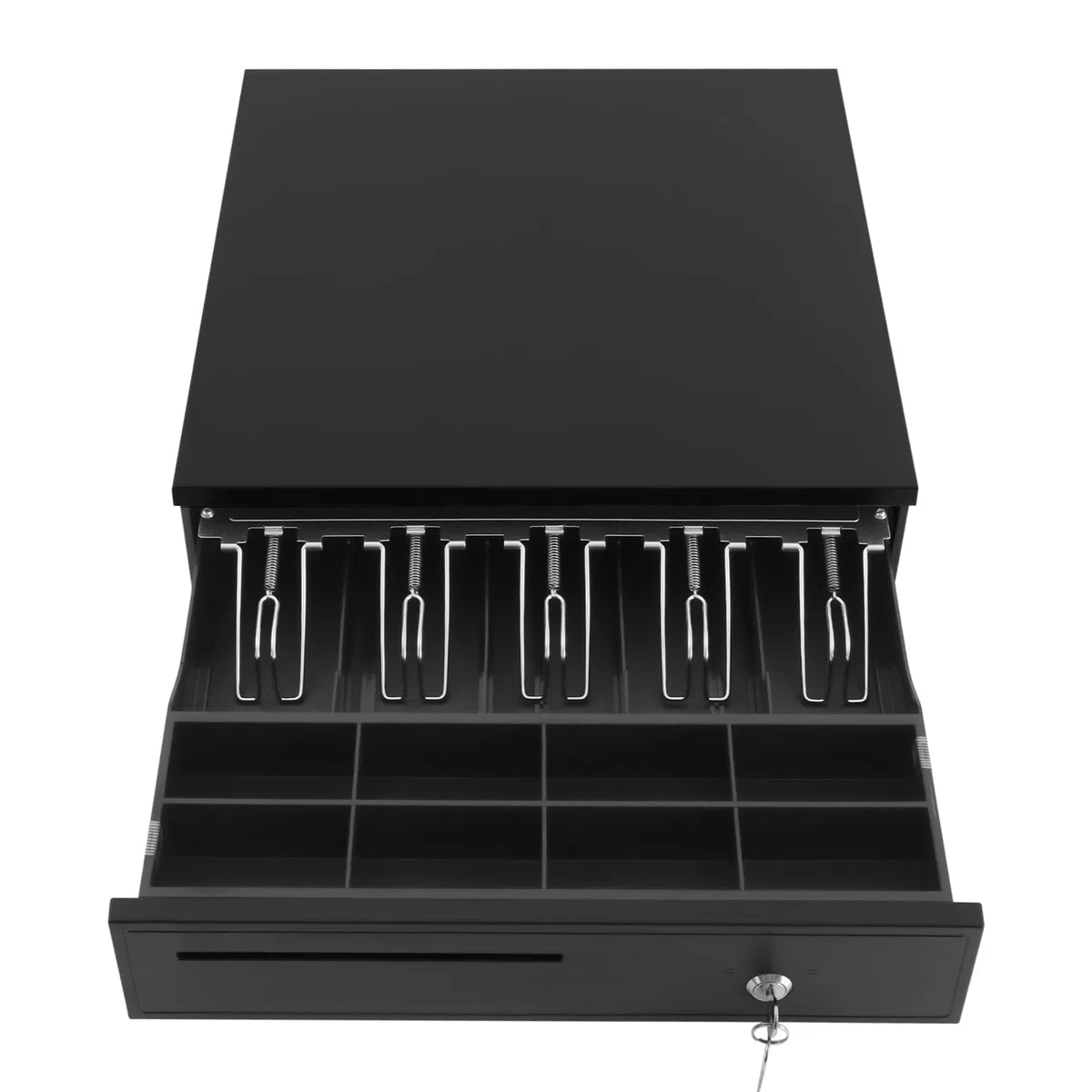 Cajón de efectivo con 4 compartimentos para billetes y 8 para monedas, cajón de dinero con bloqueo de 3 posiciones, apertura manual, control eléctrico, bloqueo, caja registradora 42,5 x 40,5 x 10 cm