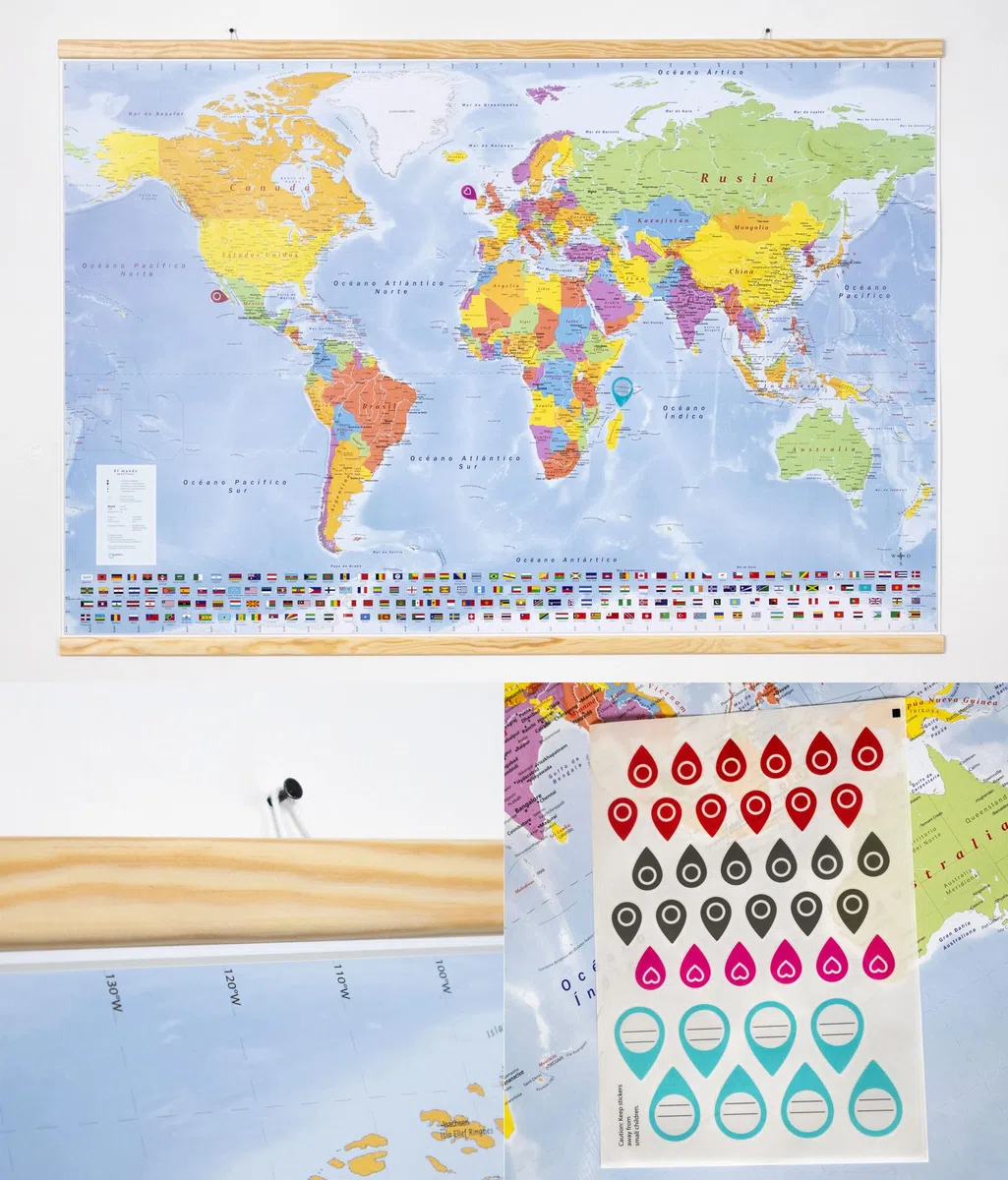 GeoMetro Mapa del mundo (en español), 70x100 cm, póster laminado, con banderas, con listones de madera para colgar + hoja de pegatinas