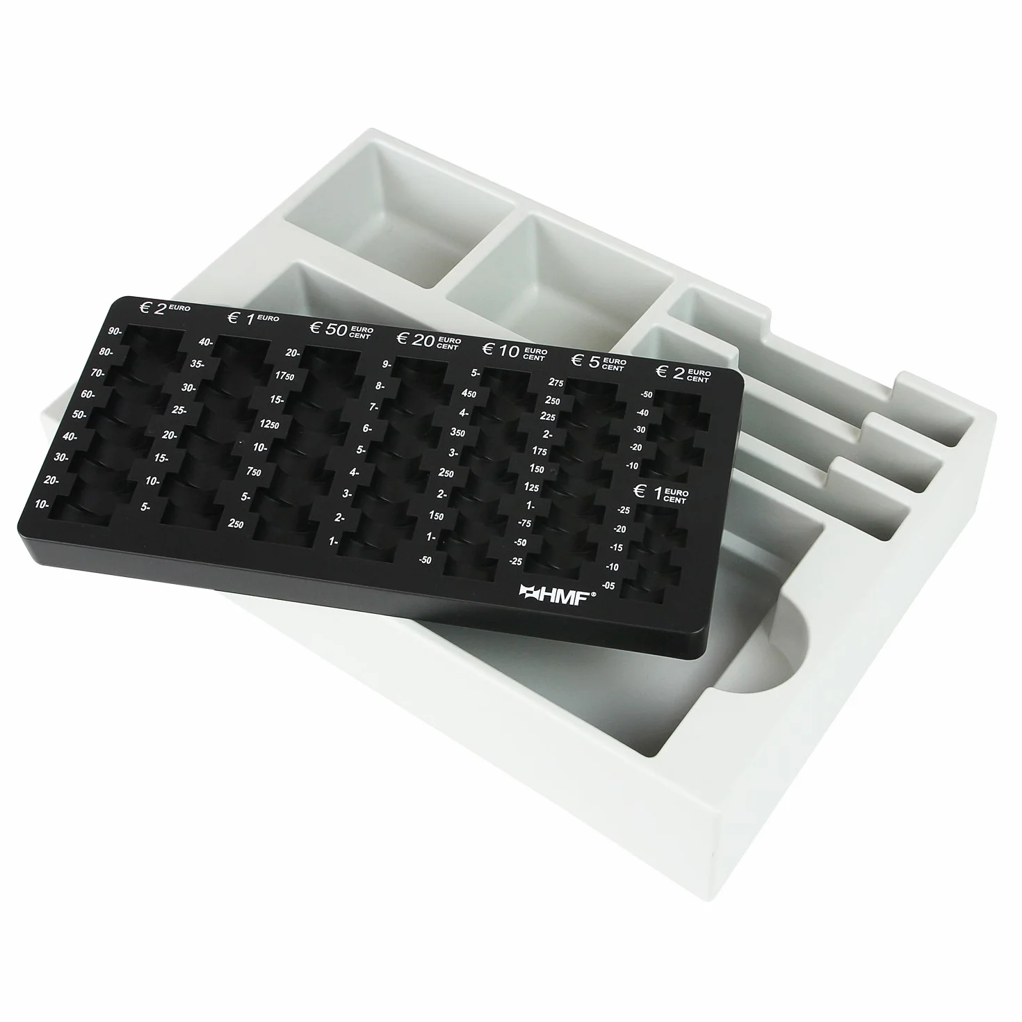 HMF 3210-02 Bandeja para monedas de euro, recuento, 3 compartimentos para billetes, 35 × 23,5 × 7 cm, negra