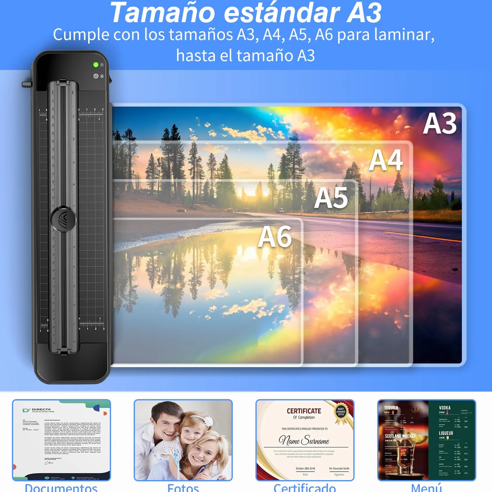 Plastificadora A3 con sistema antiatascos de ABS con 30 hojas para A3 A4 A5 A6 - Laminadora en frío versátil para oficina, hogar y escuela