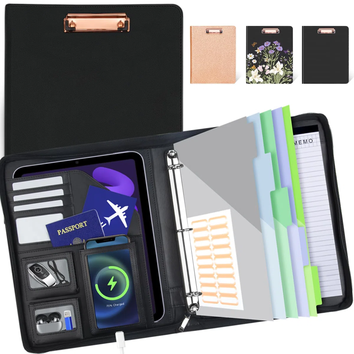 Portapapeles de cuero con almacenamiento, portafolio negro, carpeta extraíble de 3 anillos con cremallera de 1 pulgada, organizador de documentos para mujeres y hombres con bloc de notas, 5