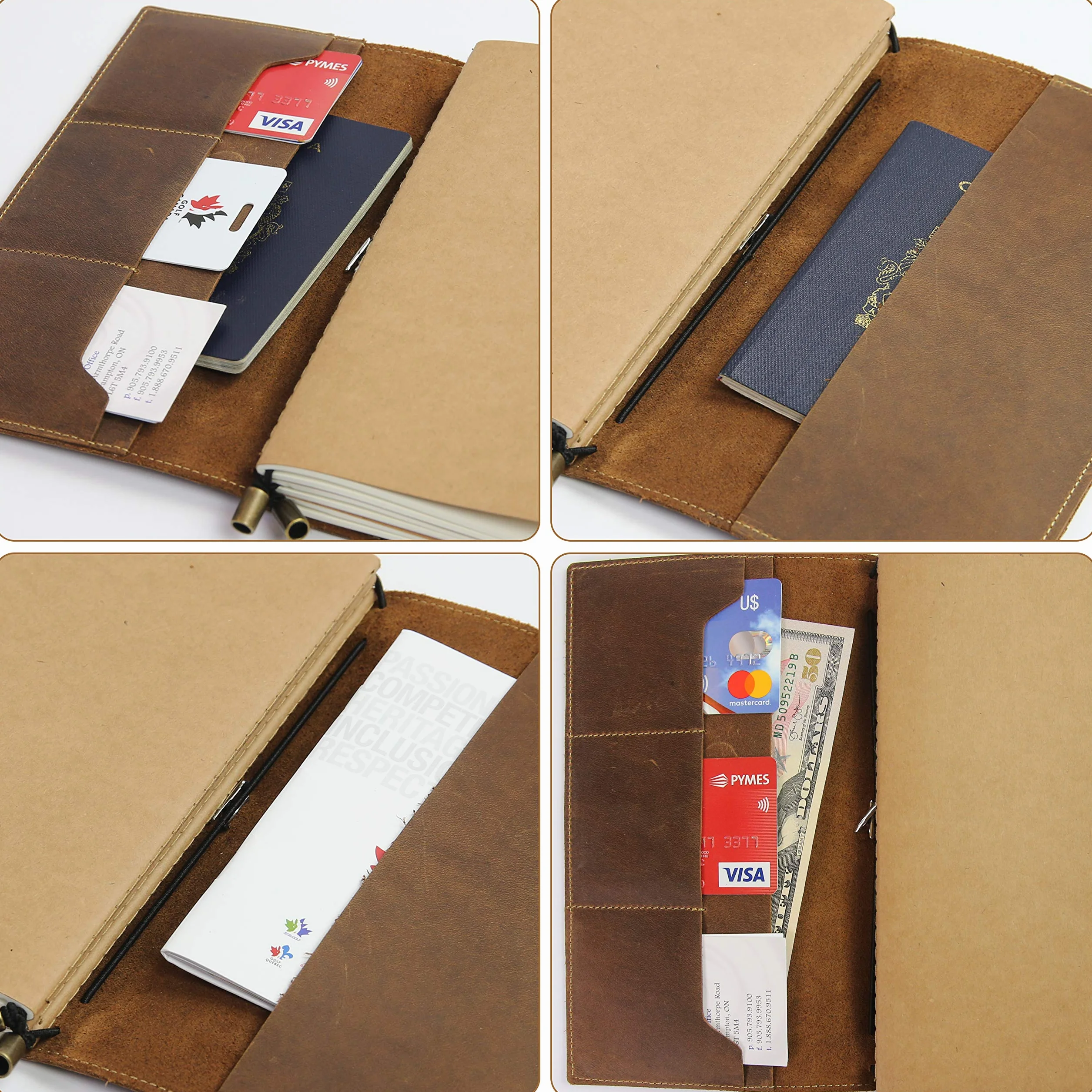 Cuaderno de cuero auténtico con bolsillos 22 x 11,5 cm organizador de viaje recargable