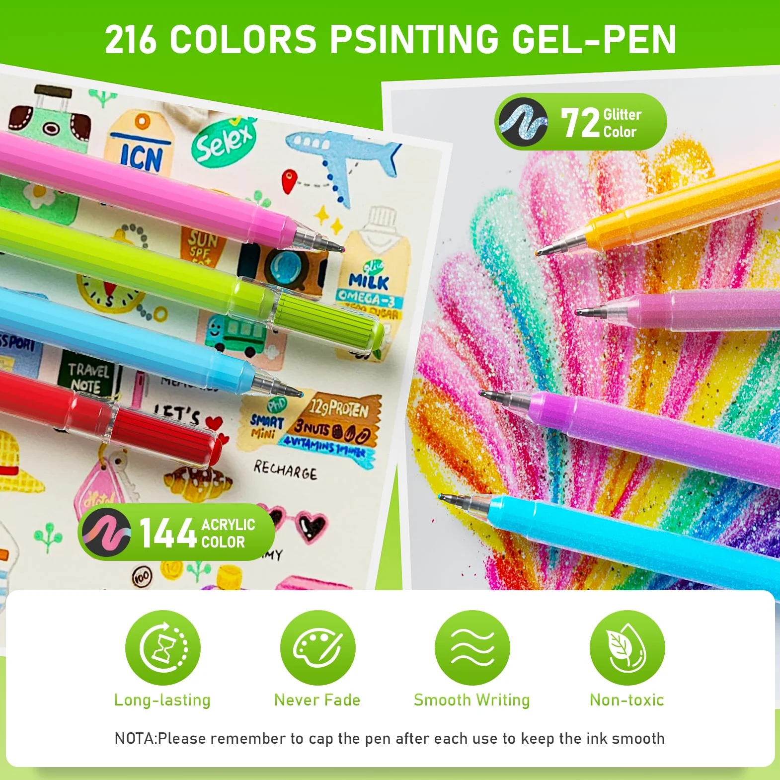 TrendGate 216 bolígrafos Acrílicos de Gel, 144 Acrilicos + 72 Purpurina | Punta de 1 mm, Se utiliza para dibujar y escribir sobre diversas superficies como lienzo, tela y papel
