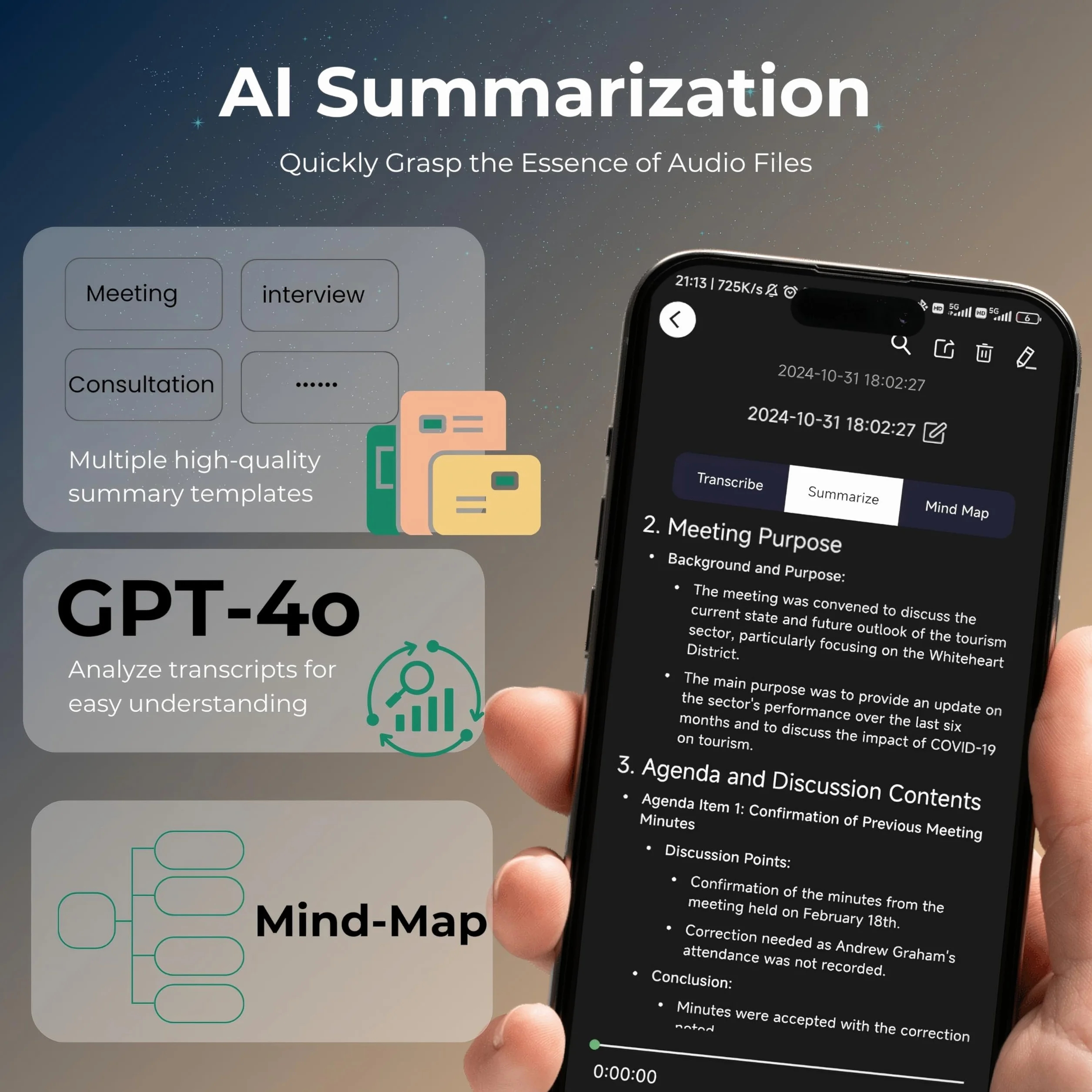 Grabadora de voz con aplicación para transcripción de voz a texto IA, resumen GPT-4o, mapeo mental, almacenamiento de 64 GB y un diseño magnético, dictáfono para llamadas, conferencias y reuniones