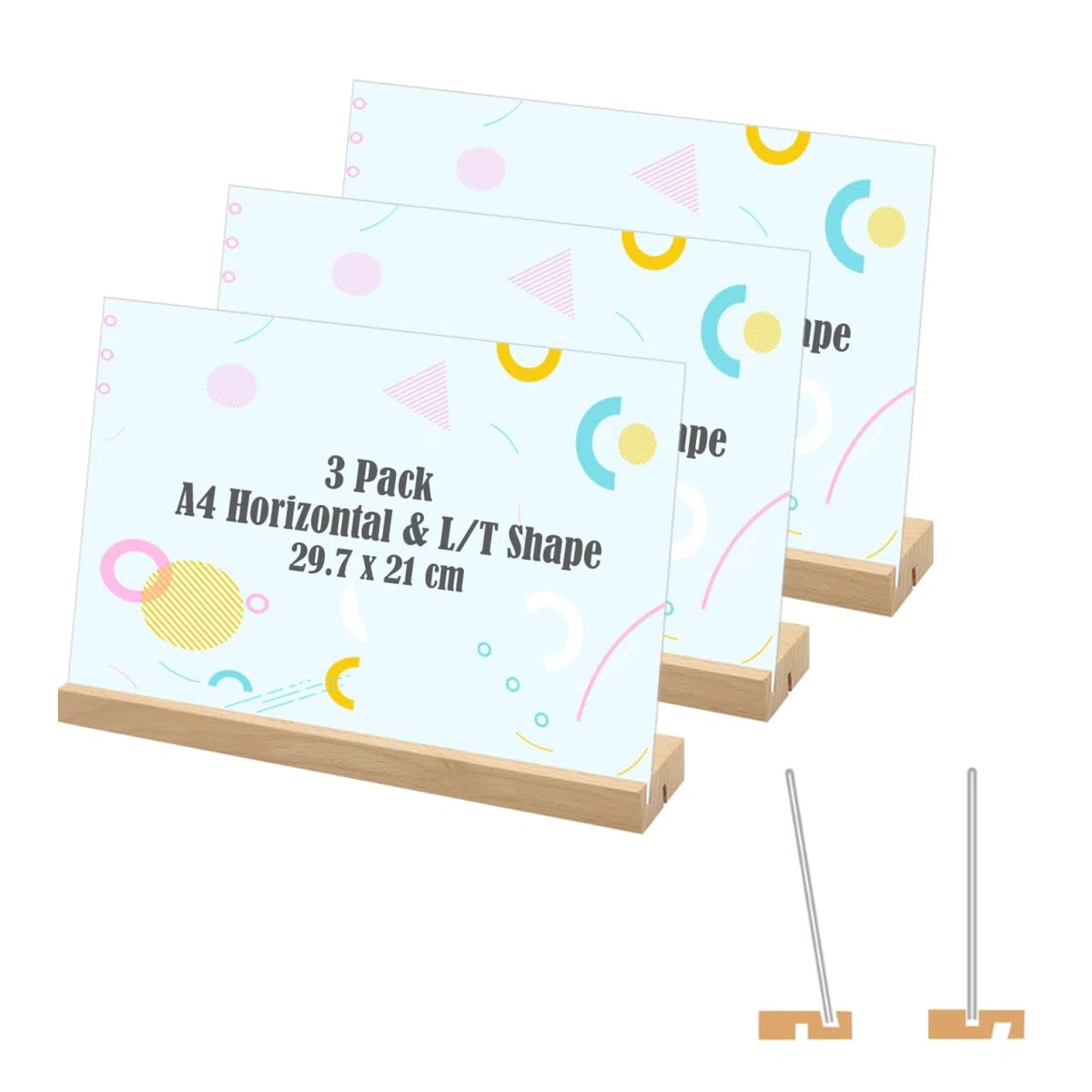Soporte acrílico A4, paquete de 3 soportes horizontales de plástico con base de madera, soporte de menú de doble cara en forma de L/T, soporte de mesa para oficina, hogar, tienda, restaurante