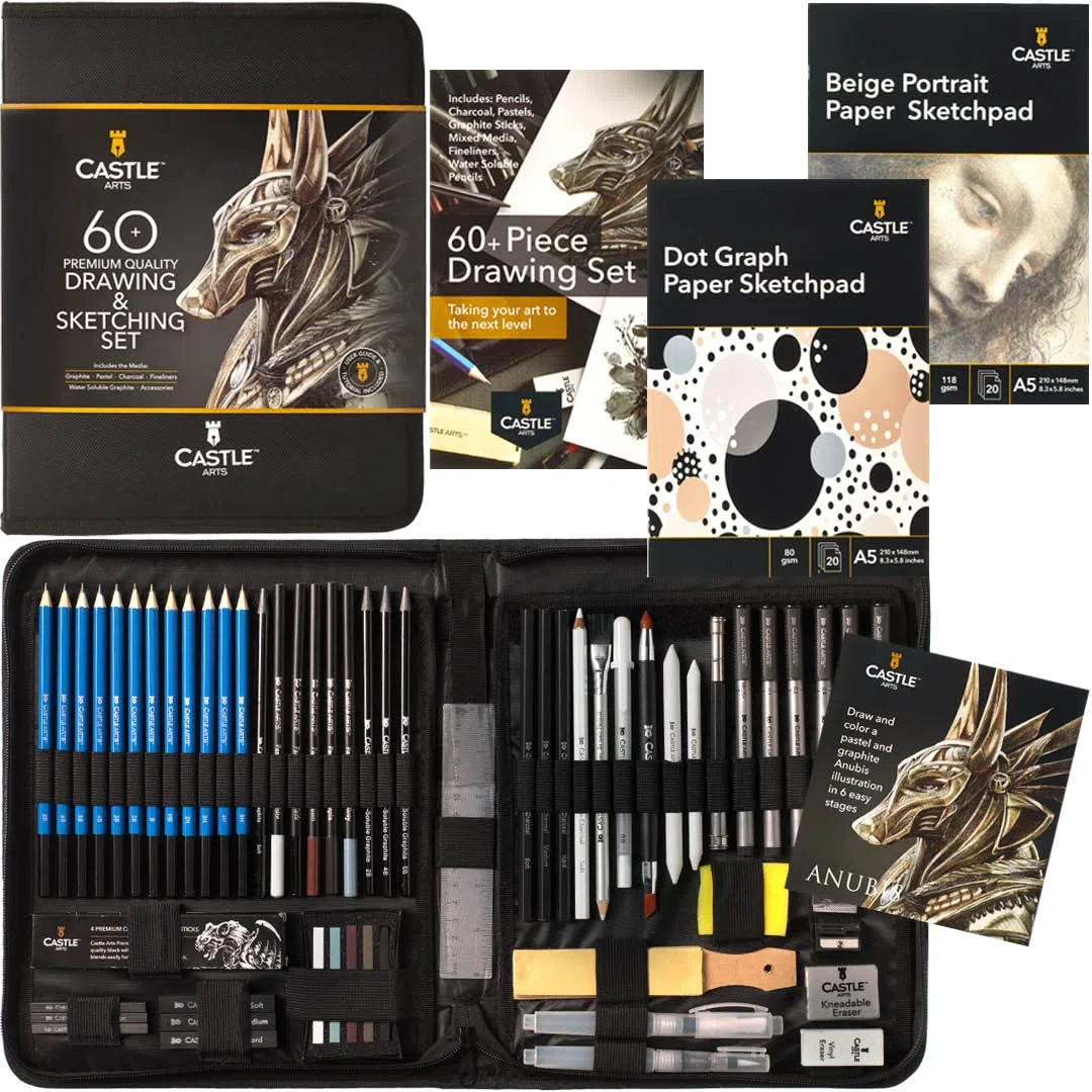 Castle Art Supplies Estuche 60 Uds. Dibujo y Esbozo | Lápices+Barras de Grafito, Carboncillo, Pastel, Solubles en Agua, Rotuladores Punta Fibra | Artistas y Profesionales | Estuche Portátil Cremallera