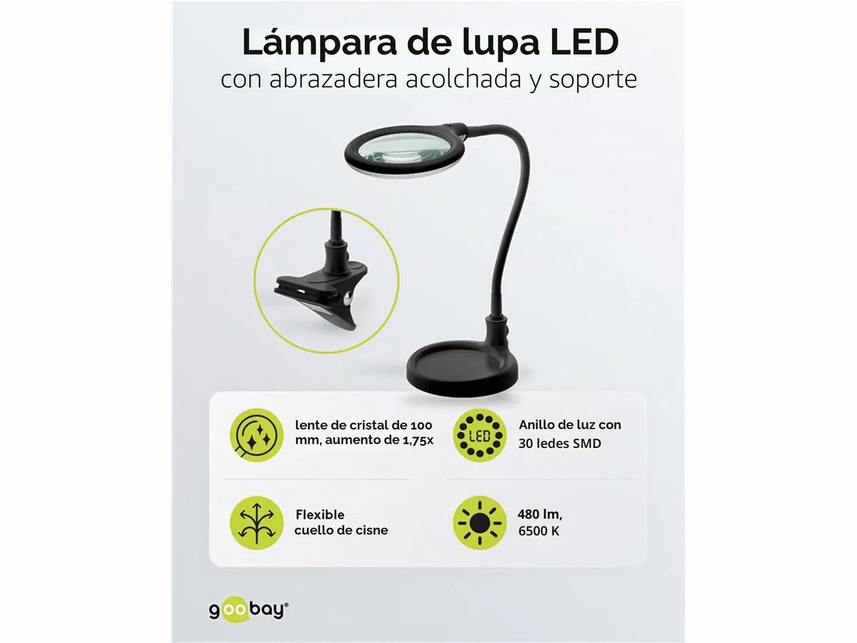 goobay 64990 Lámpara lupa LED 6W 480lm/ soporte lámpara lupa, pinza/lente cristal 100mm 1,75 aumentos/lupa trabajo cosmética, soldadura, manualidades, leer/cuello cisne/lámpara sobremesa