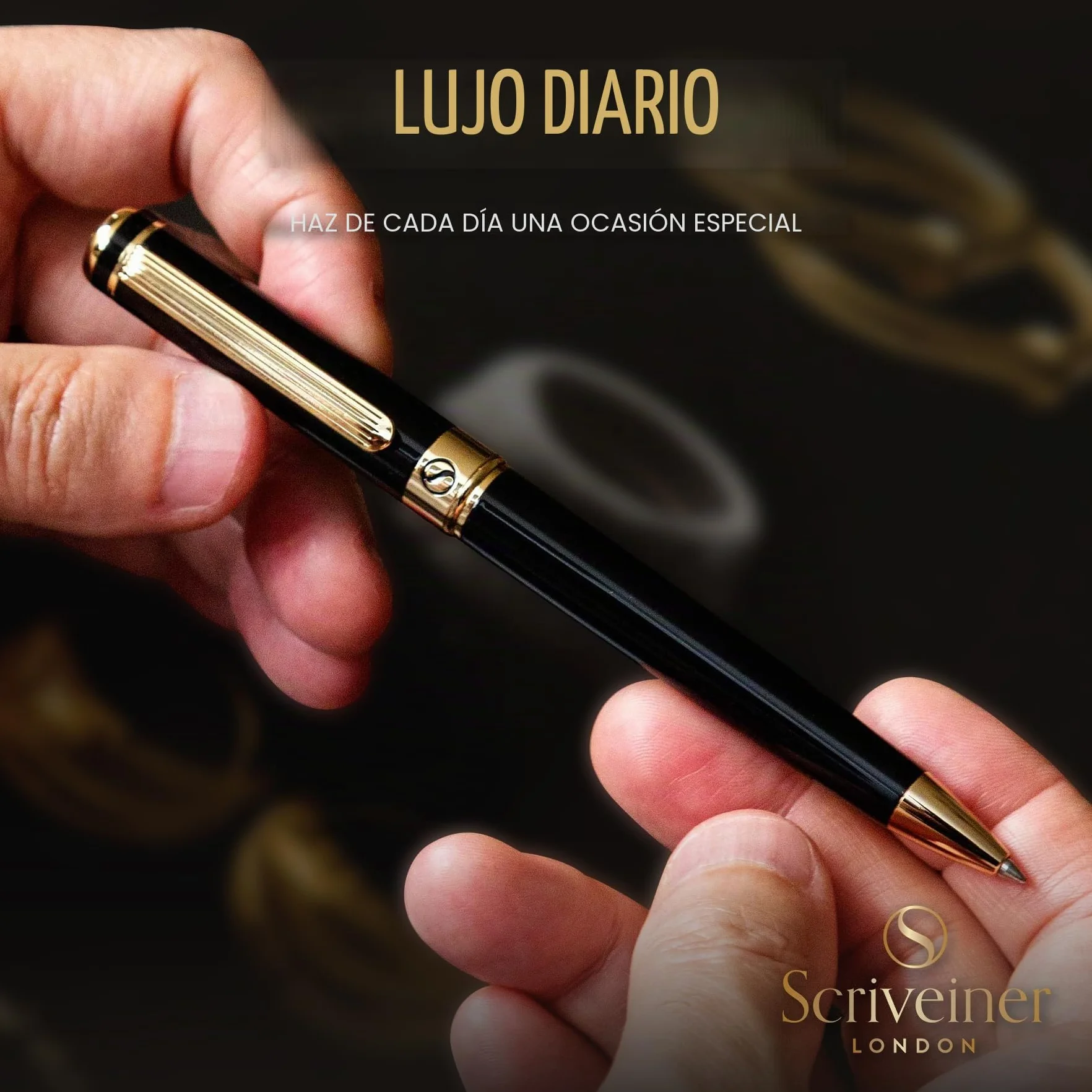 Scriveiner Bolígrafo Bolígrafo de Gama Alta Negro con Chapado en oro auténtico, Recambio Negro Schmidt, Regalos Hombre y Mujer, Bolígrafos Profesionales de Diseño