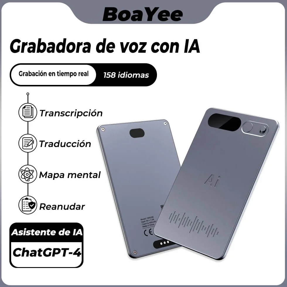 Grabadora de Voz Espía con Estuche Negro, Transcripción y Resumen IA, Soporte Multilingüe, App, 64 GB