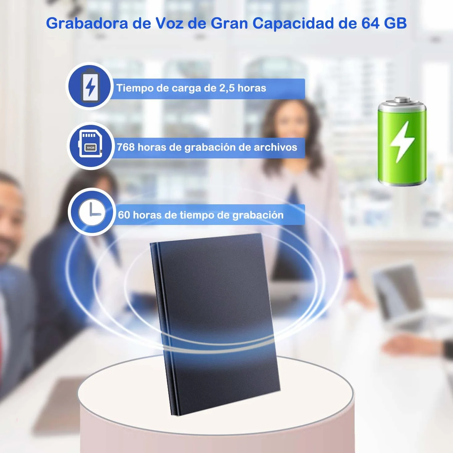 Grabadora de Voz, Mini Grabadora de Voz Profesional de 64 GB con Activación por Voz 60 Horas de Tiempo de Grabación Grabadora de Voz Recargable por USB para Reuniones Entrevistas Conferencias