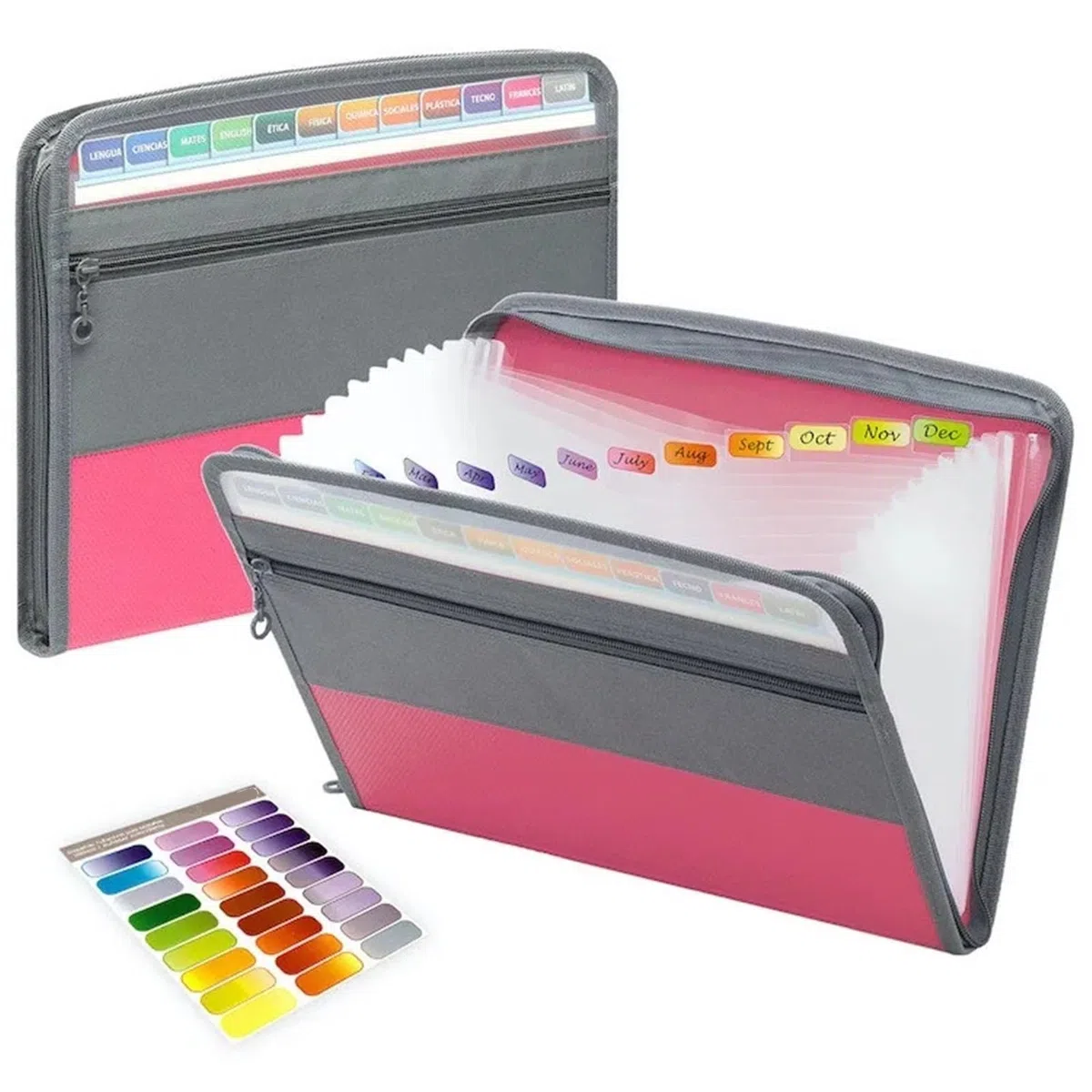 Organizador De Archivos En Acordeón Con Cremallera Segura Para Escritorio | Carpeta de archivos expandible de 13 bolsillos con estuche frontal for lápices, material de oficina escolar(Pink)