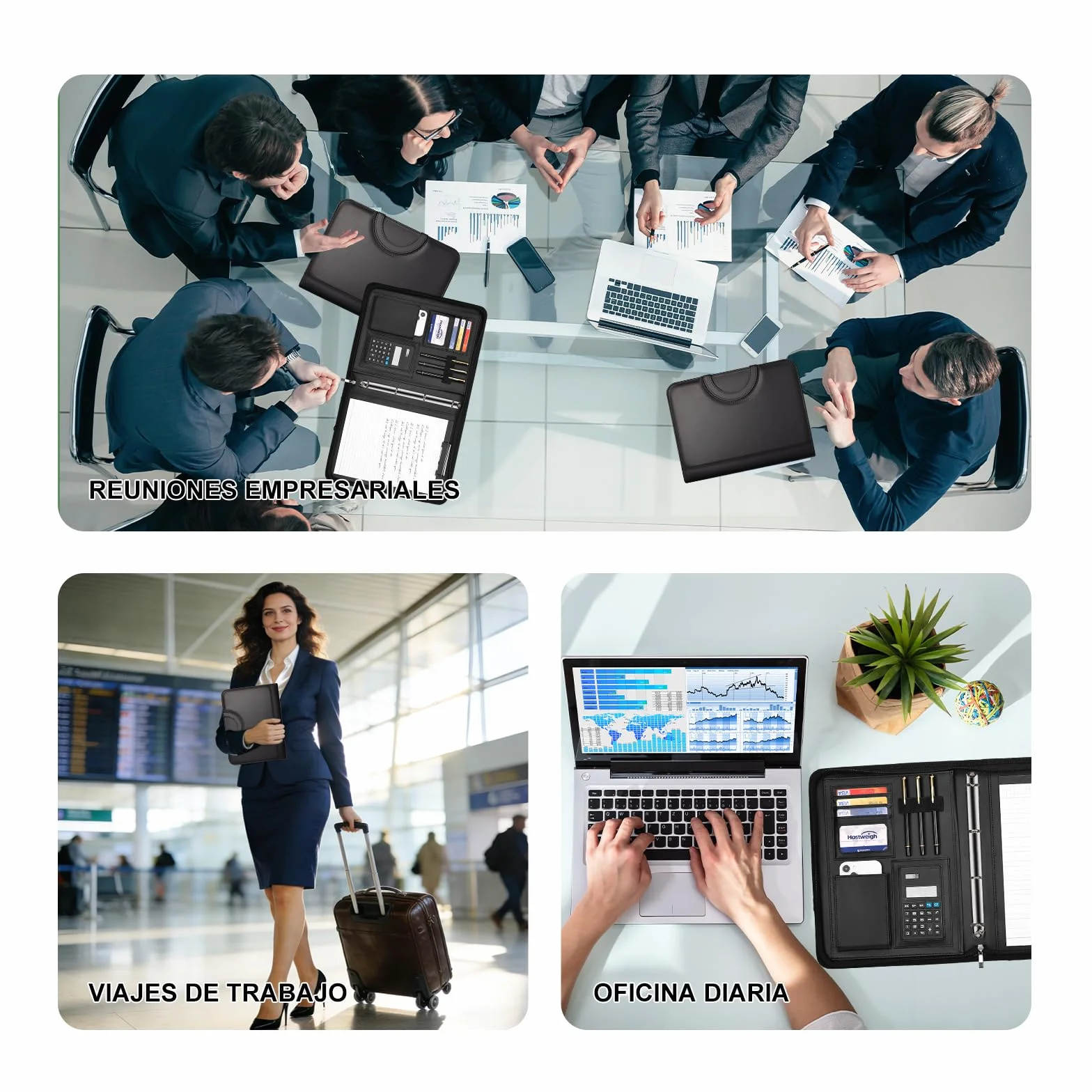 Leathario Carpeta Portadocumentos A4 en Piel Vegana, con Asa, Cuaderno, Portadocumentos con Bloc de Notas y Encuadernación de Anillas, Protectores de Hojas para Entrevistas, Viajes, Reuniones