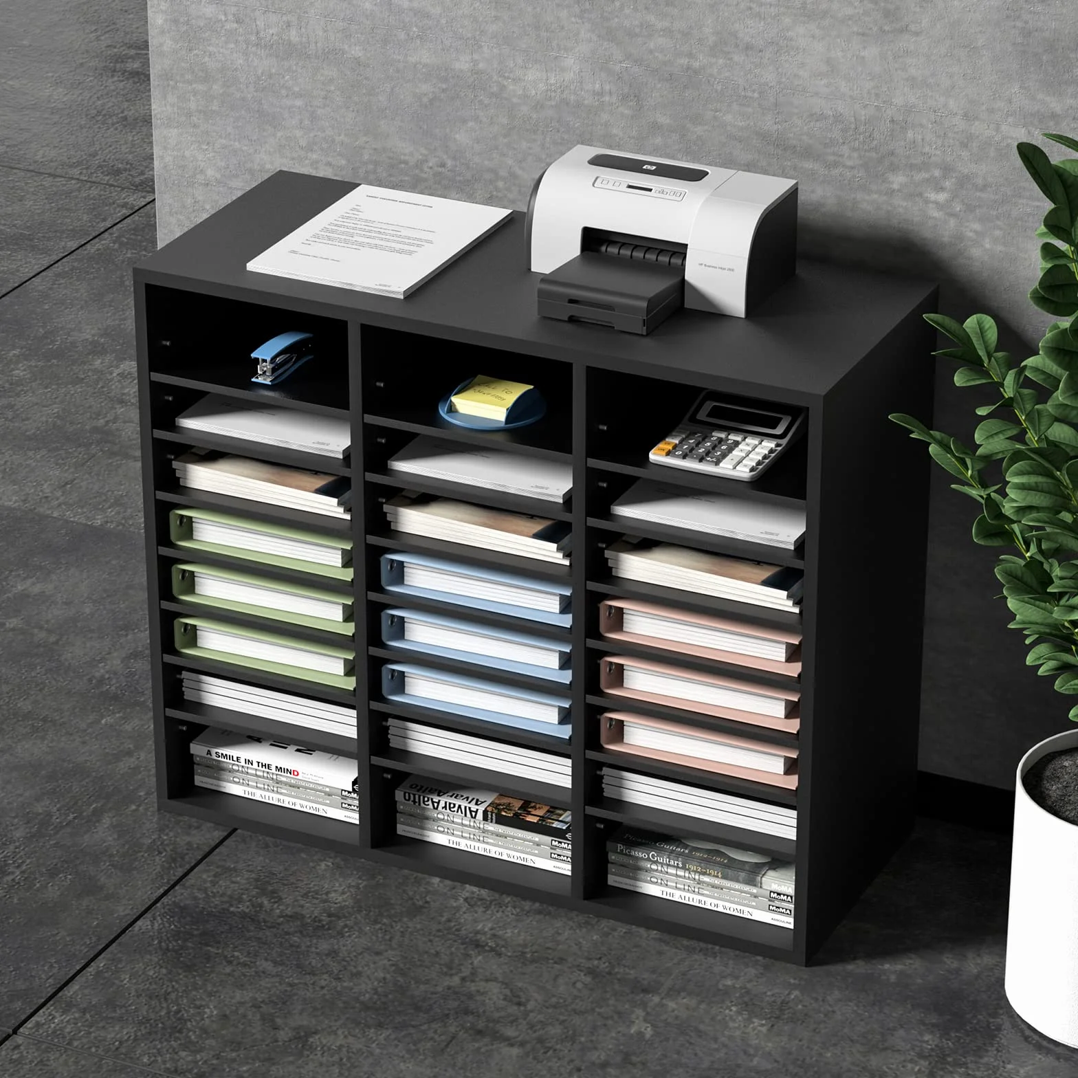 VEVOR Organizador de Literatura de madera Aglomerado Estante de Almacenamiento de Documentos de 24 Compartimentos 73,7x30,5x62 cm Clasificador de Literatura con Estantes Ajustables para Oficina, Negro