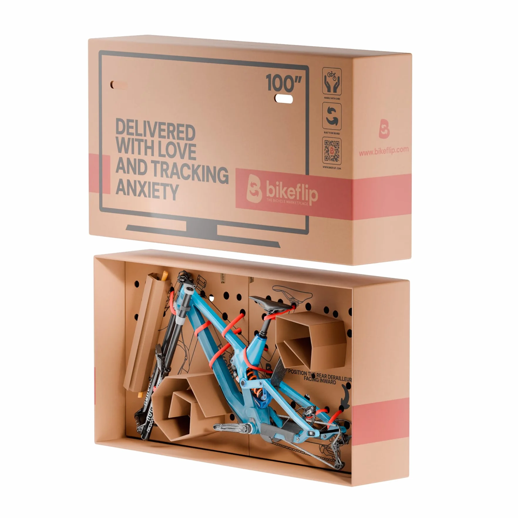 Bikeflip Box Caja de Envío para Bicicletas MTB, E-Bike y Gravel, Cartón Ondulado Resistente y Reutilizable, Montaje Rápido para Viajes y Transporte por Correo