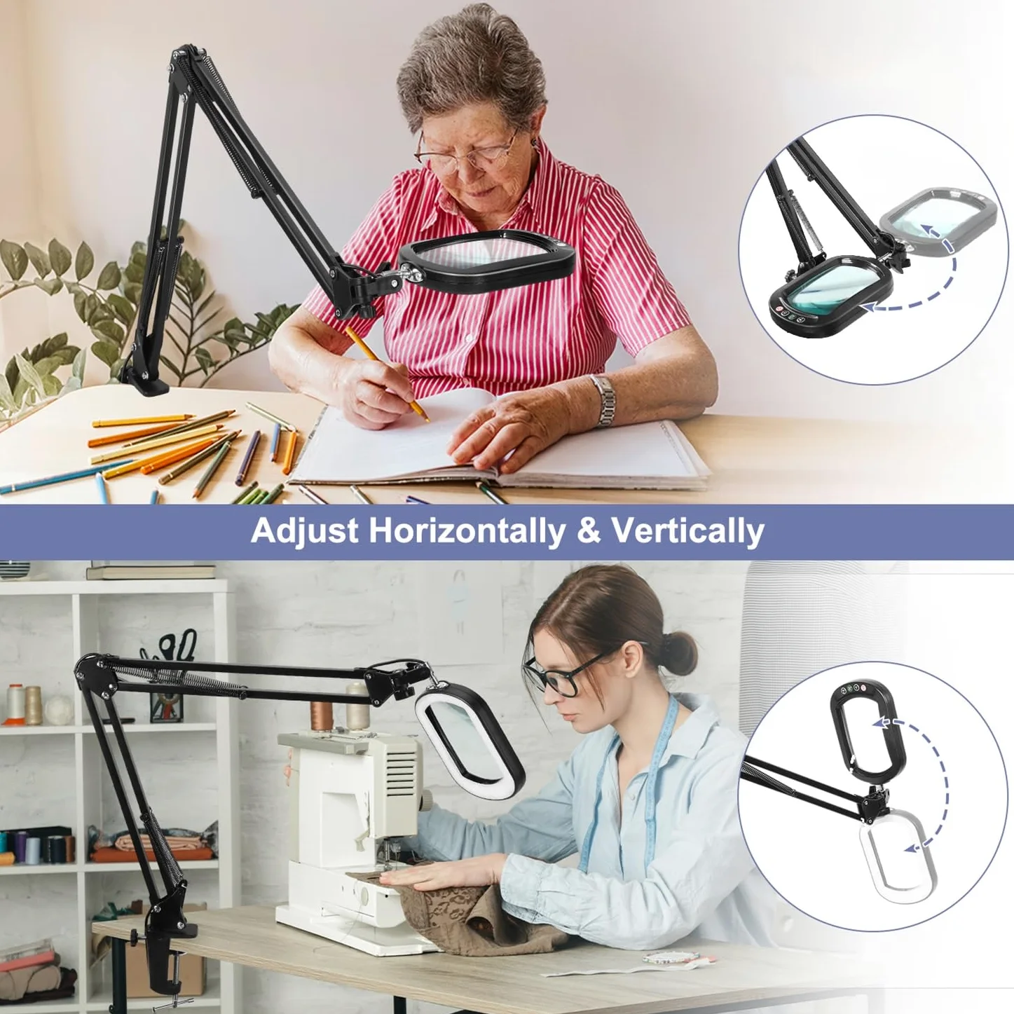 Lupa de 10 unidades con luz y pinza, lupa de cristal real LED con luz y soporte, 5 modos de color regulable para personas mayores, lupa de brazo giratorio manos libres para manualidades, aficiones