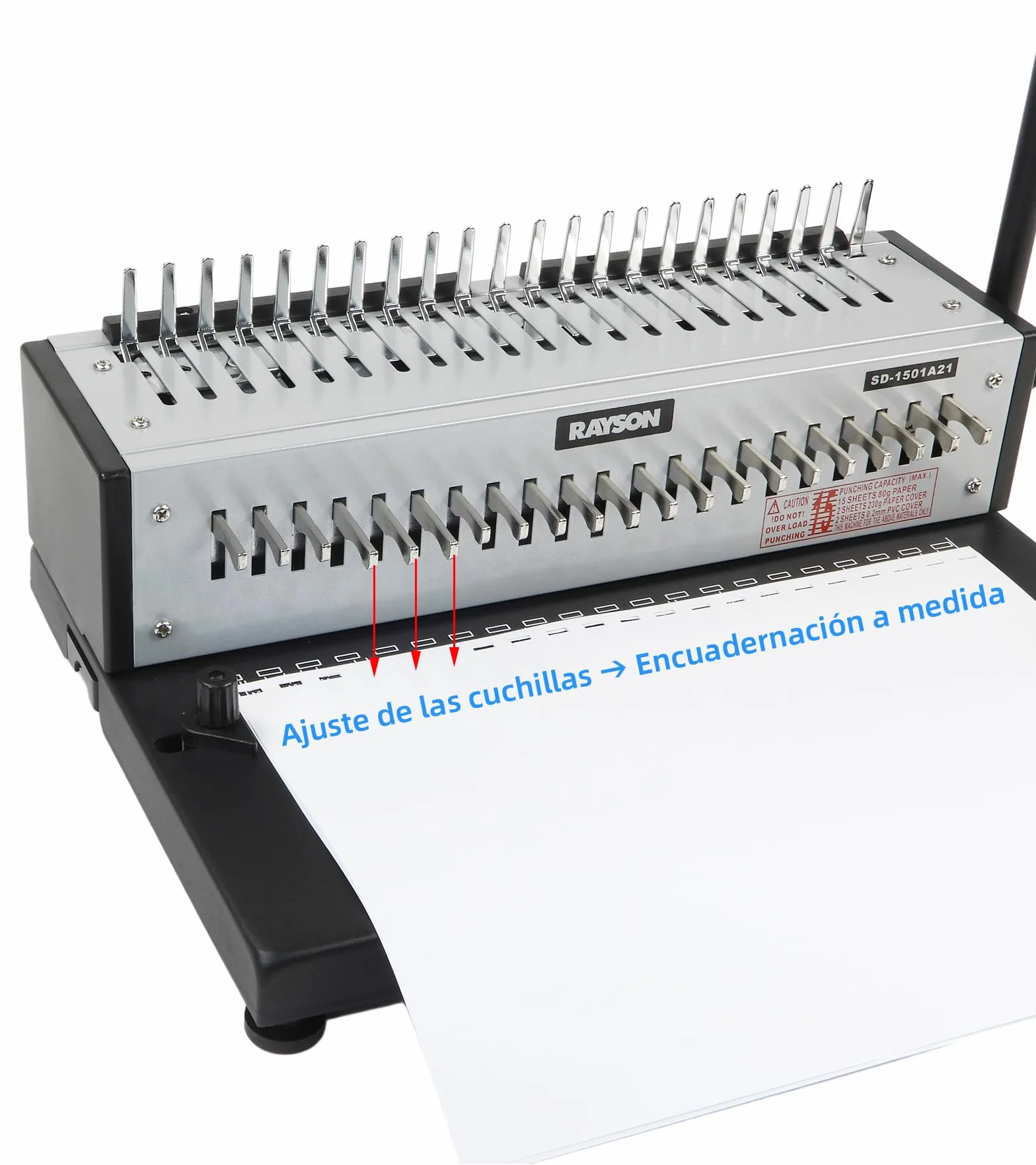 RAYSON Máquina para Encuadernación, Hasta 200 hojas, Punzón Ajustable, SD-1501A21 | 21 troqueles de desenganche, construcción de metal duradero, suministros de encuadernación incluidos
