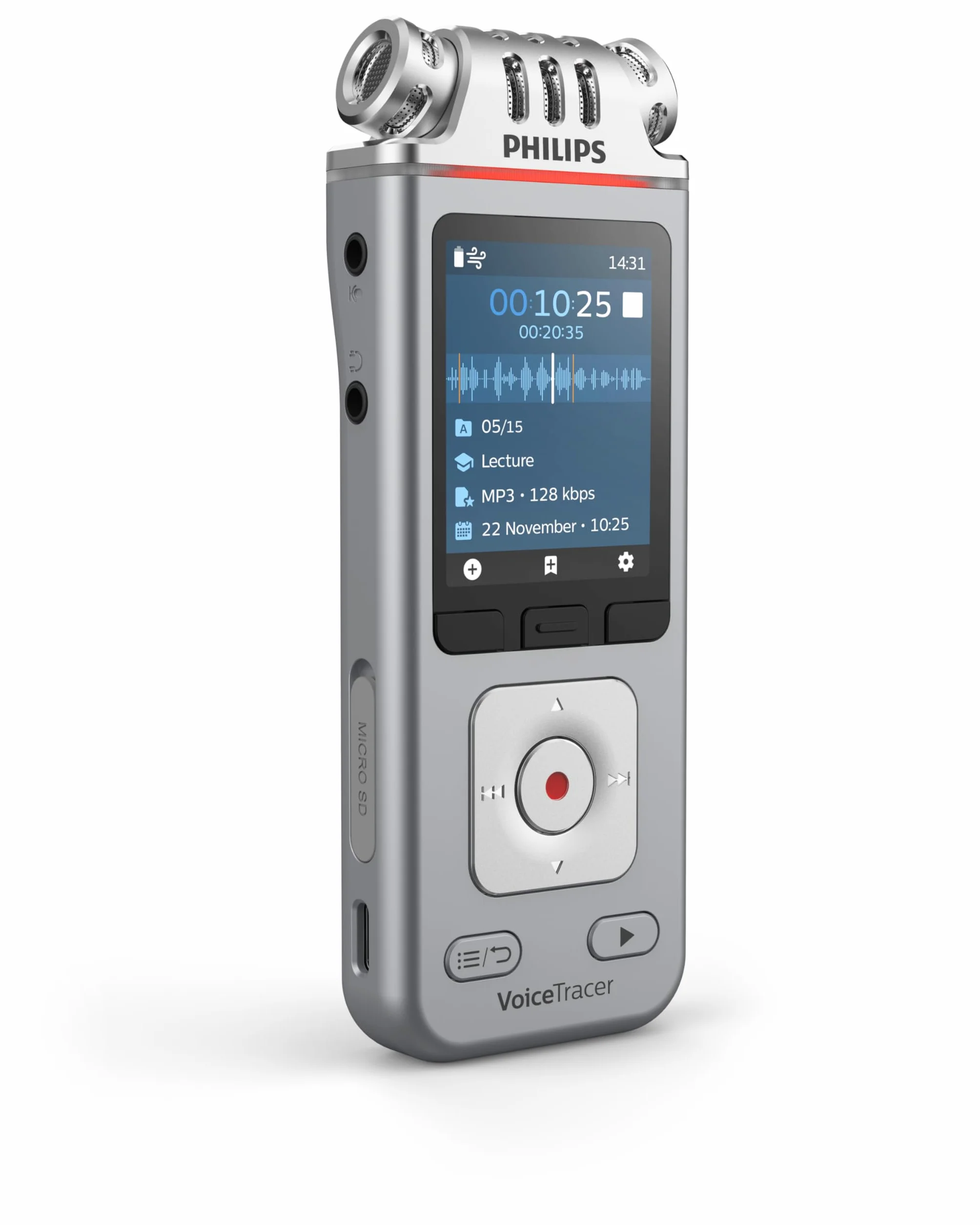 Philips DVT4115 Digital Voice Tracer, grabadora de Voz, 8 GB, 36h de grabación, estéreo, Incluye Licencia de Prueba de reconocimiento de Voz