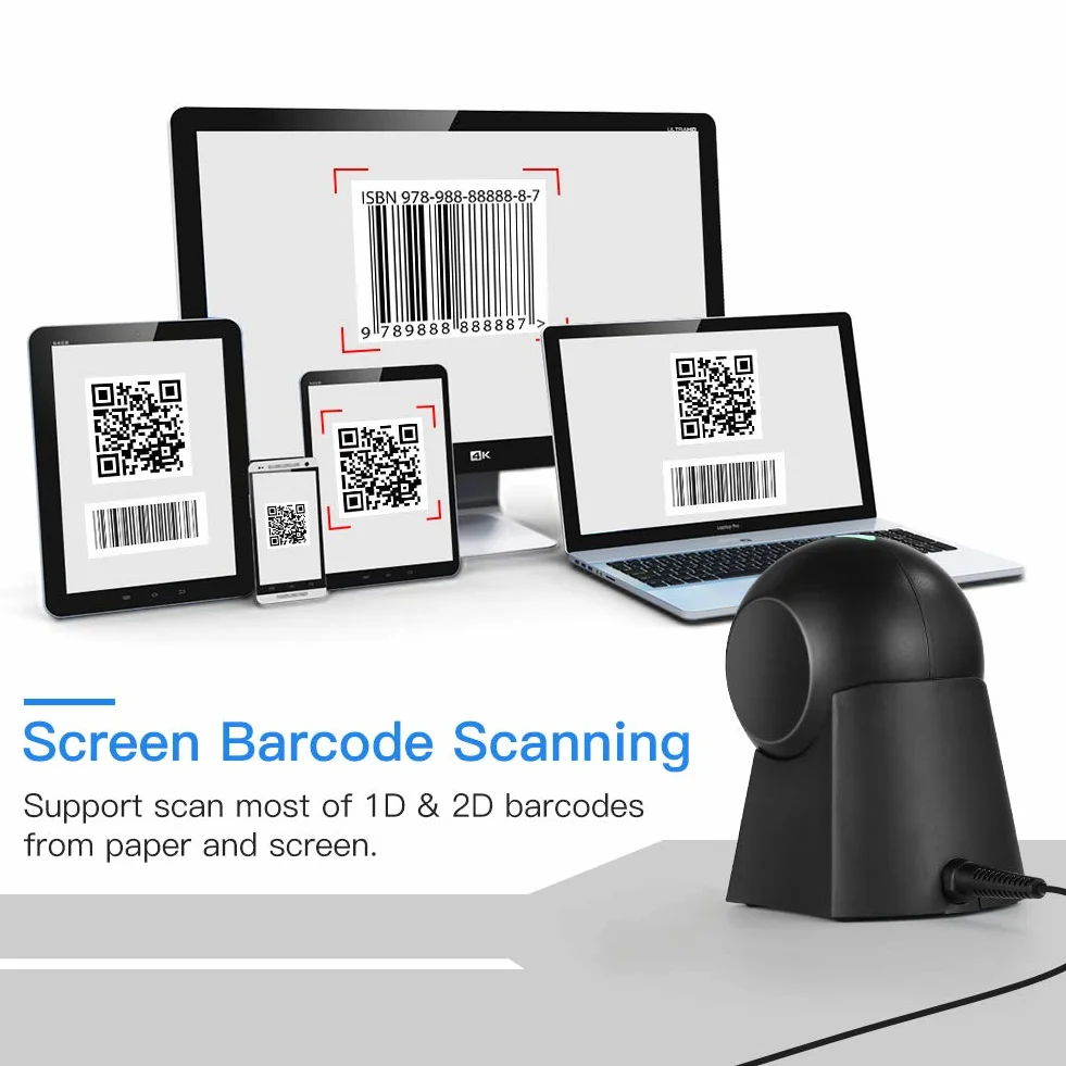 Eyoyo 1D 2D QR Escáner de código de Barras de Escritorio con Gran Ventana de escaneo, Lector de código de Barras Manos Libres Escáner con Plataforma de escaneo de Pantalla QR para almacén, PC