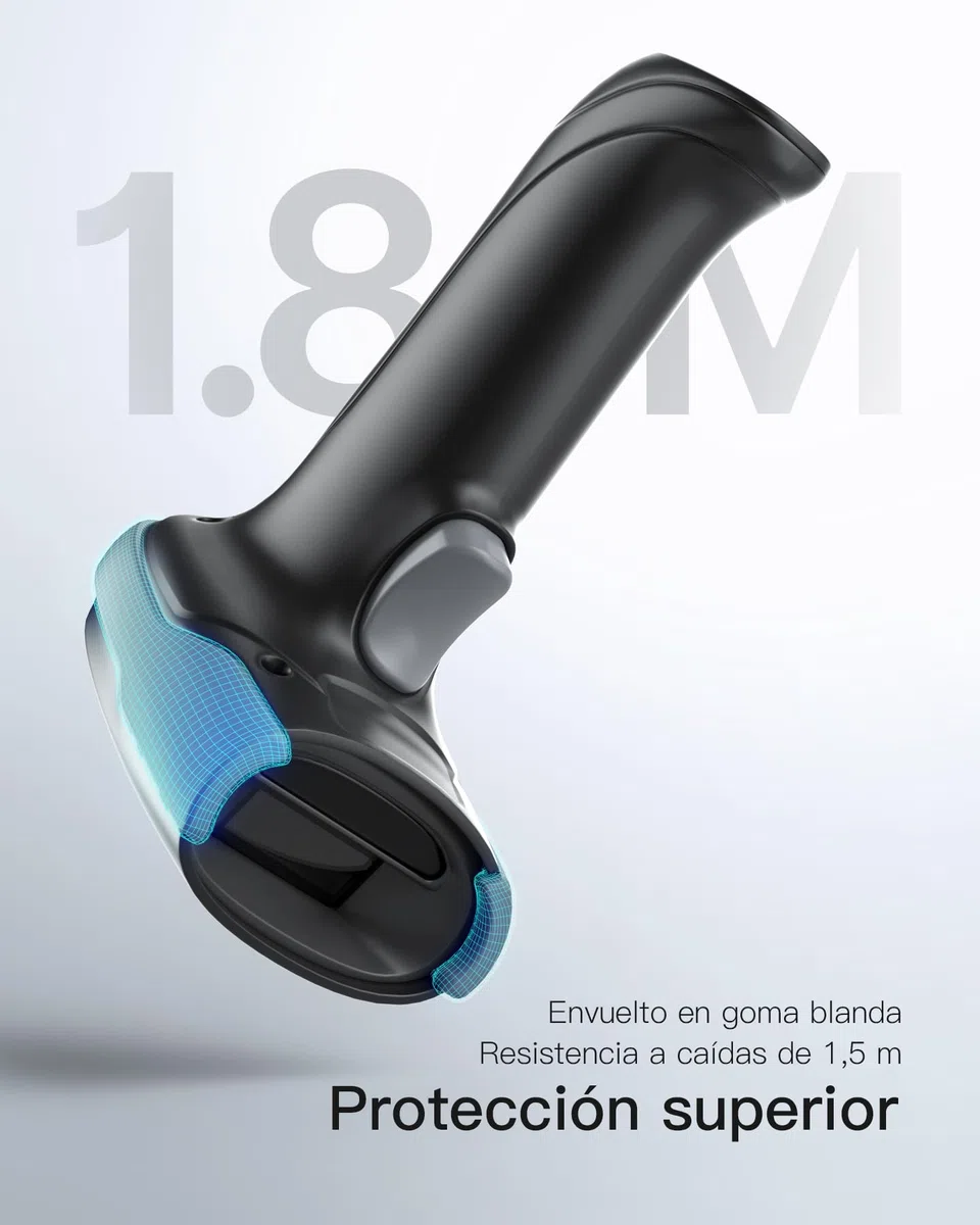 Inateck Lector de Códigos de Barras Inalámbrico 1D 2D QR PDF417, Alcachofa de Código de Barras con 2 Baterías Reemplazables de 2000 mAh, Compatible con Android e iOS, para Almacenamiento y Logística