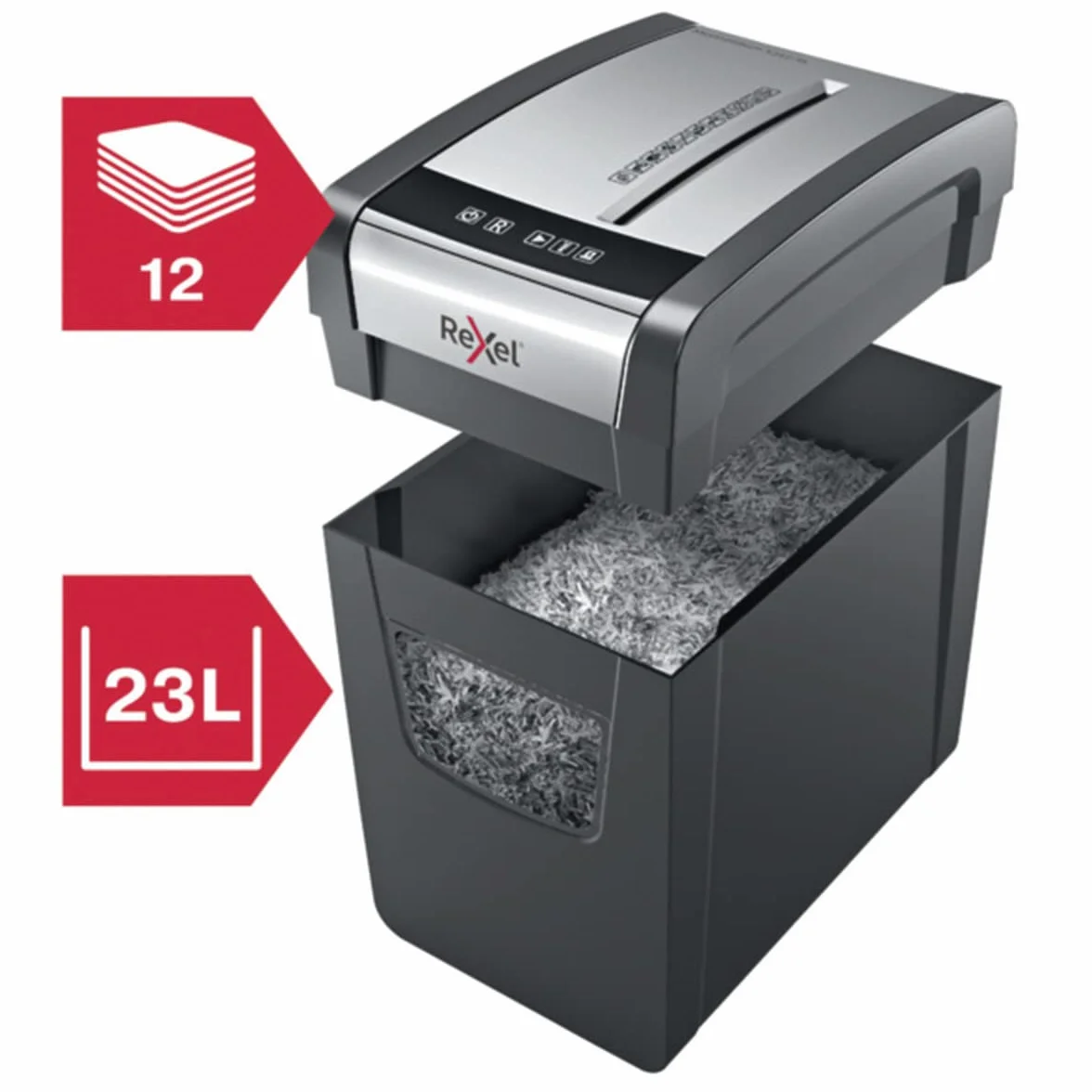 Rexel Momentum X312-SL Slimline 2104574 - Destructora de papel de corte en confeti, destruye 12 hojas simultáneamente, papelera 23 l, negro