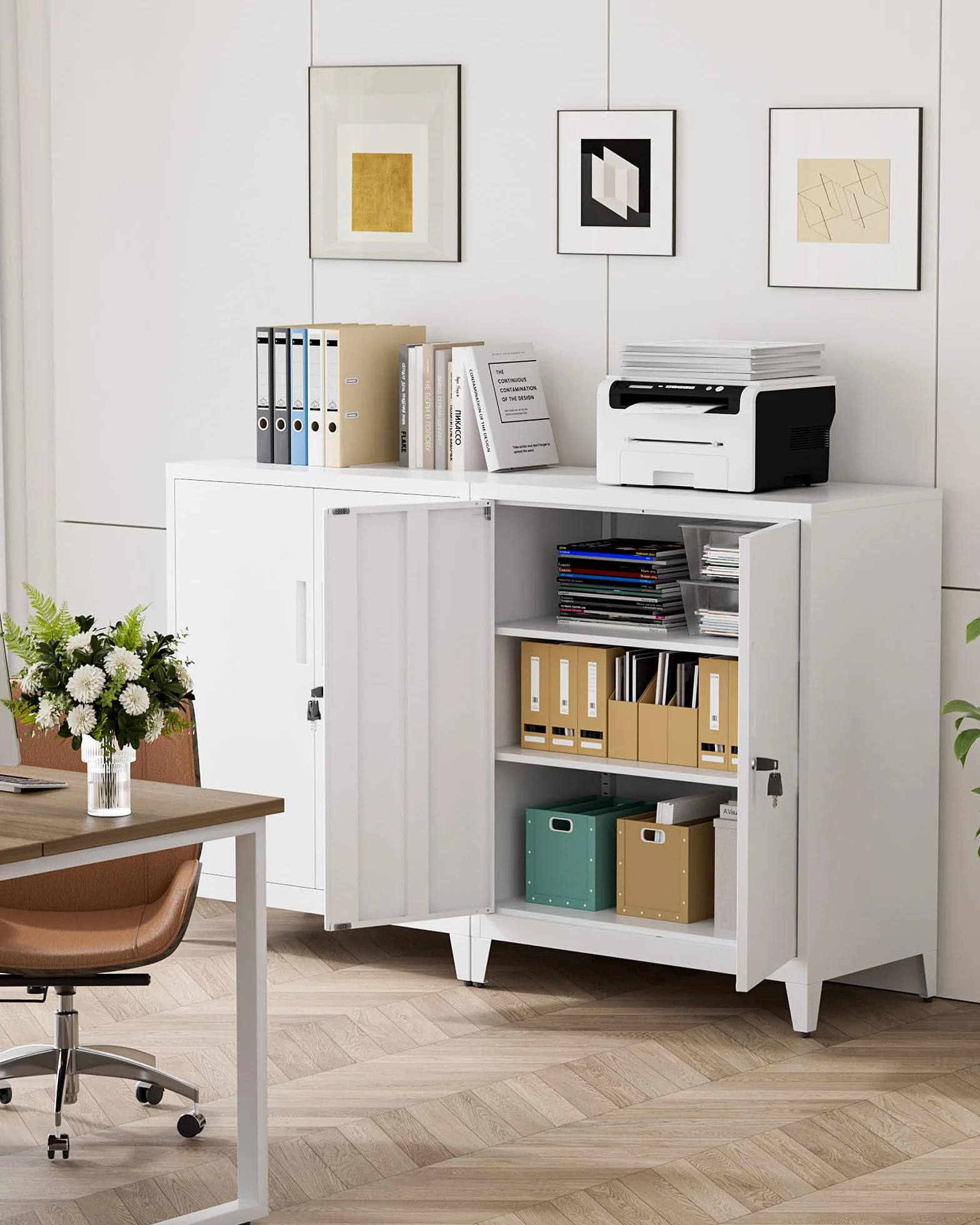 Armario Metalico, Equipado con 2 Estantes Ajustables en Altura, Armario de Oficina de Acero con Cerradura, Blanco, 100×80×40 cm