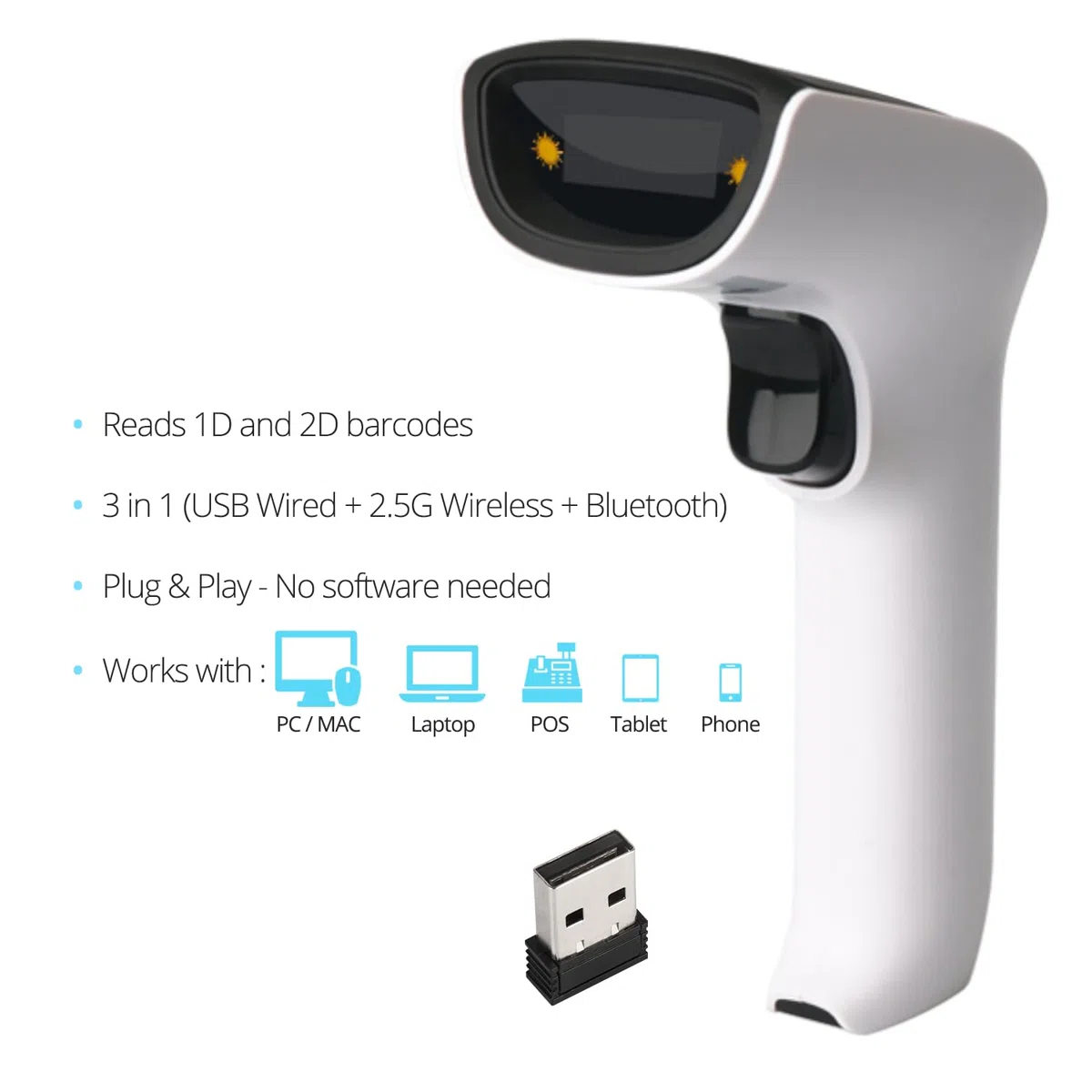 ScanAvenger Escáner de Código de Barras inalámbrico con Bluetooth 3 en 1 con Soporte Recargable para gestión de inventario portátil (1D y 2D sin Soporte de última generación)