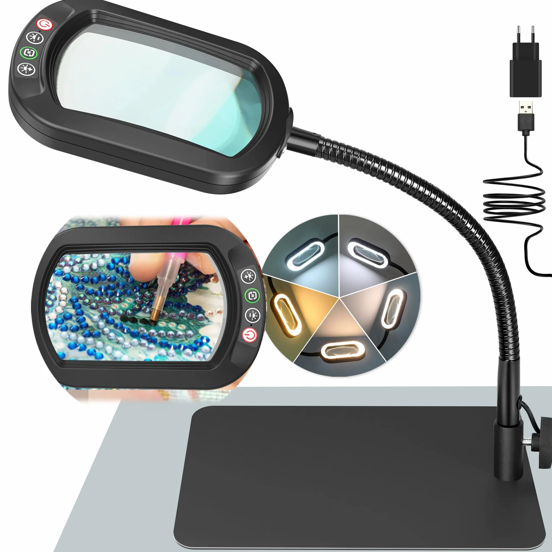Drdefi 10X Rectangular Lupa con Luz y Soporte, 5 Modos de Color, Regulabilidad Continua, LED Lámpara de Escritorio Flexible con Cuello de Cisne, Lámpara de Lupa Manos Libres para Lectura Reparación