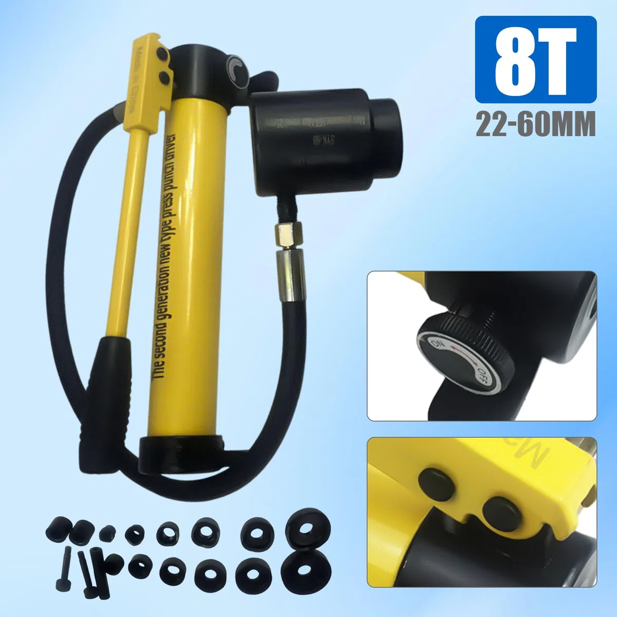 8T Juego de sellos hidráulicos de impacto, perforadora de chapa, perforadora hidráulica manual, 22-60 mm, bomba hidráulica, adecuado para muchos materiales como aluminio, acero y plástico