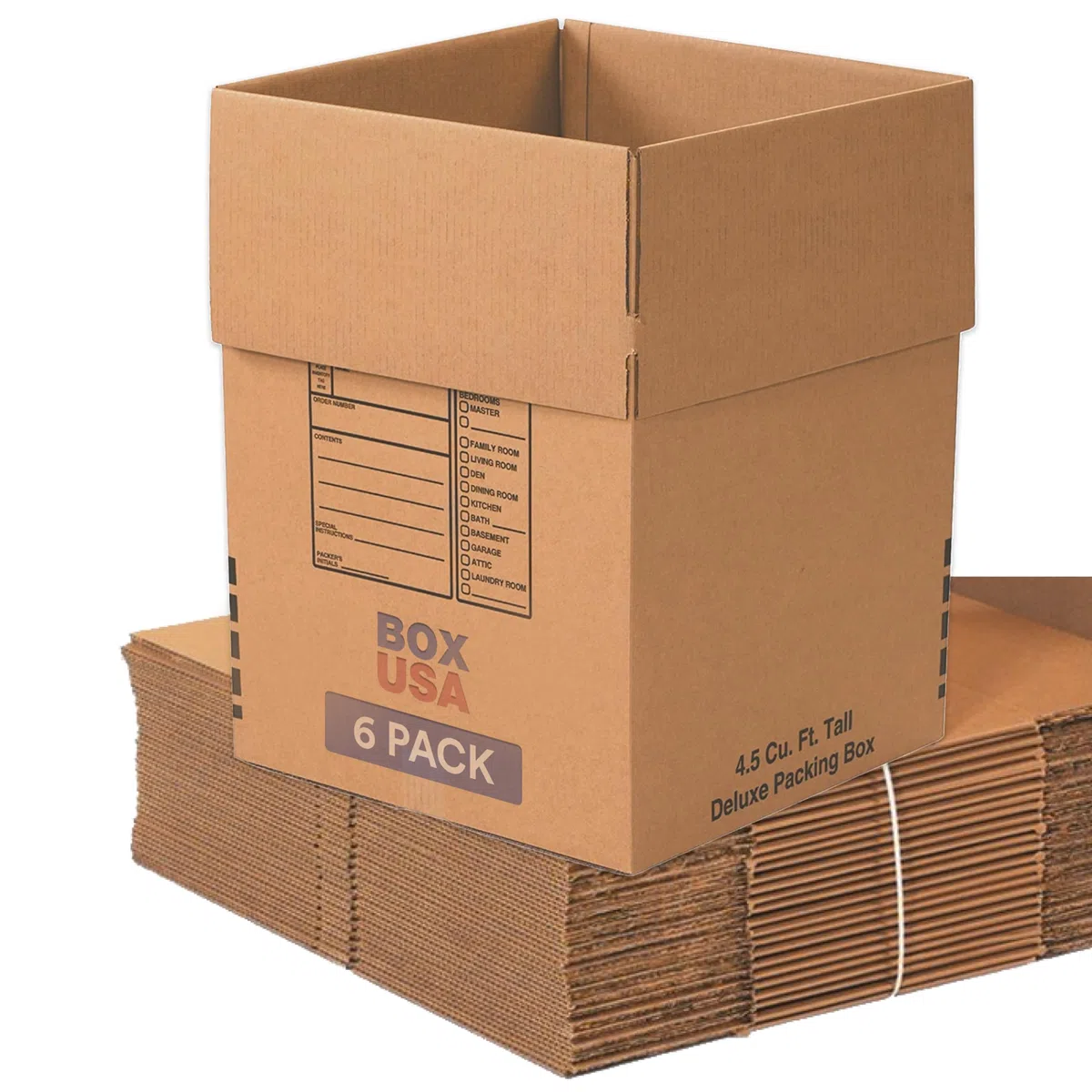 BOX USA Cajas grandes de lujo para mudanza (paquete de 6), panel de escritura, advertencia frágil y flechas laterales de papel kraft