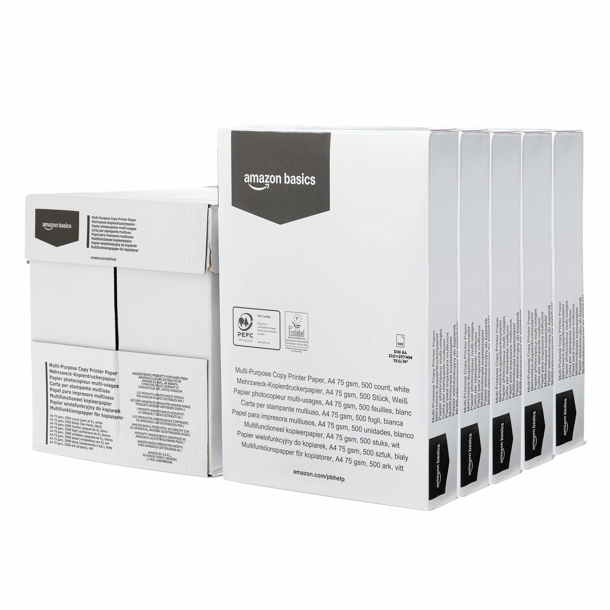 Amazon Basics Papel Multiusos A4 75g/m² 2500 Unidades Blanco