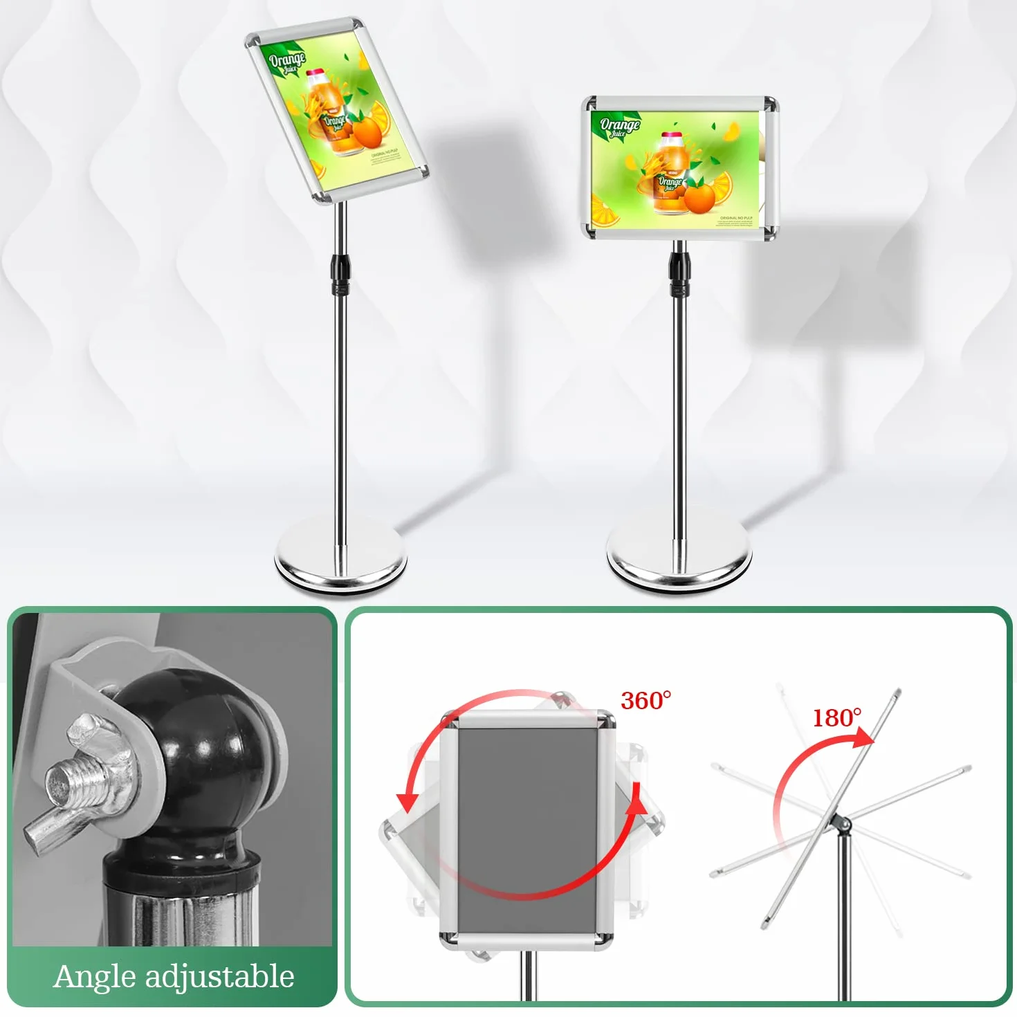 Soportes A4 para carteles de aluminio ajustables en ángulo y altura, plateado, paquete de 6