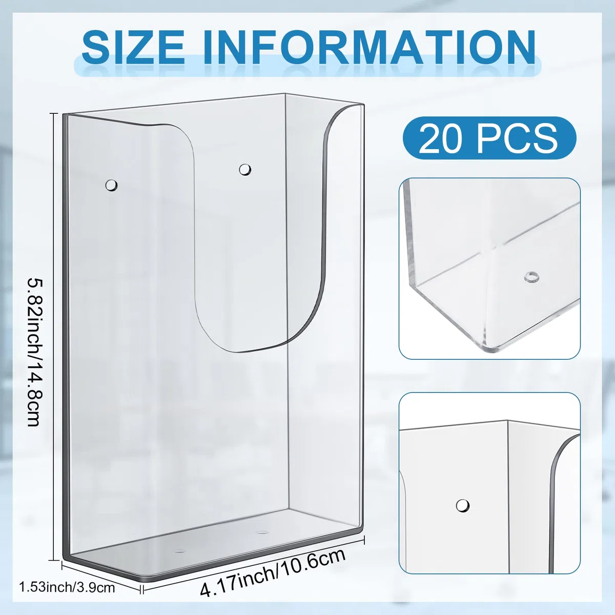 20 soportes acrílicos para folletos, soporte de pared de 4 x 6 pulgadas, soporte transparente para folletos, soporte para folletos, revistas, folletos con clavos para suministros de oficina en casa