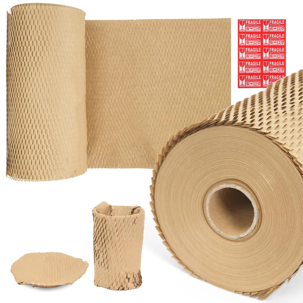 Paquete de 2 papeles de embalaje de panal marrón, 30 cm x 50 m, papel de embalaje ecológico para mover papel de panal reciclable, suministros de mudanza, papel de burbujas con 100 etiquetas adhesivas