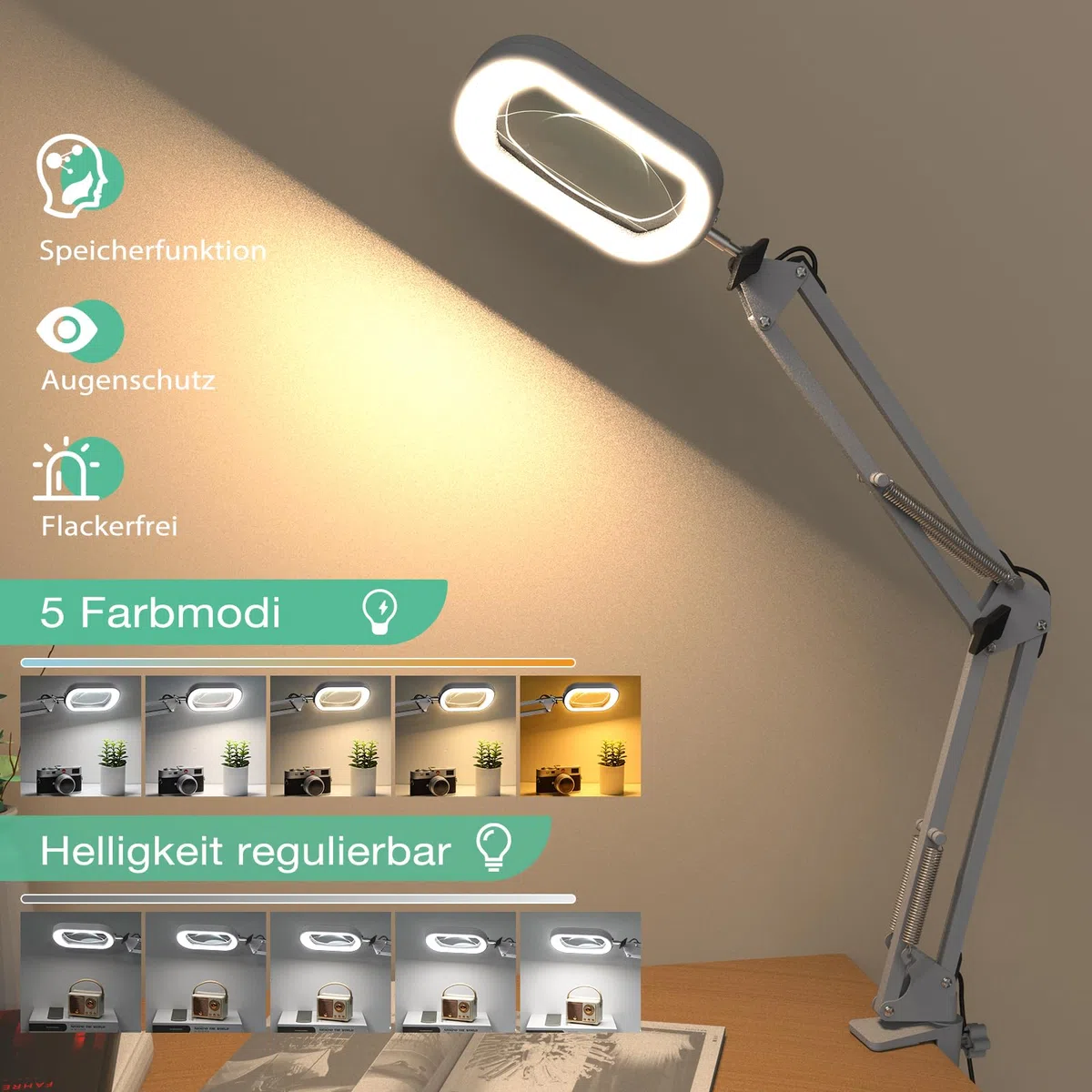 Lupa 10X con luz y abrazadera, cristal auténtico soporte de iluminación, 5 modos de color y regulable sin niveles, lámpara de escritorio LED manos libres para manualidades, aficiones, lectura, pintura