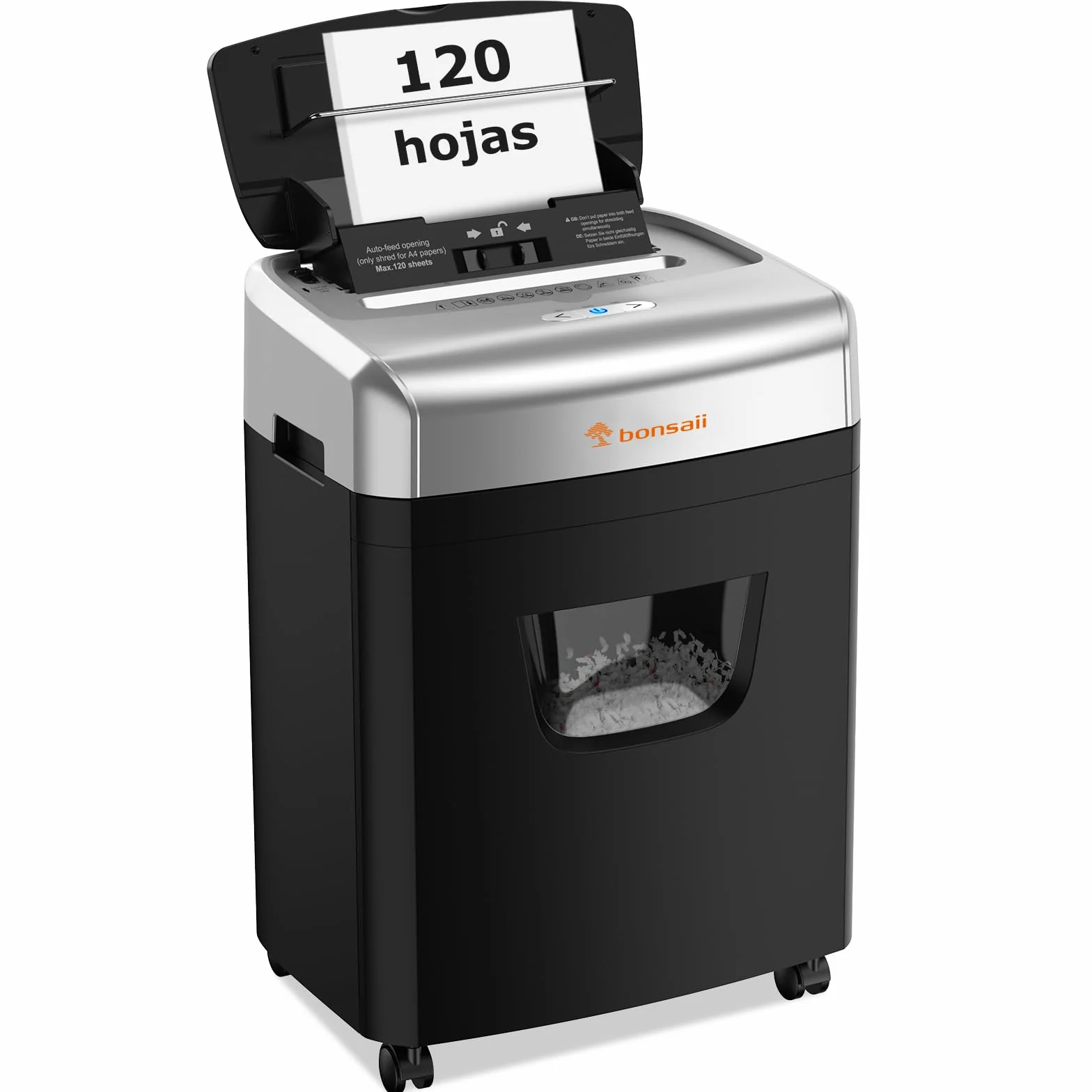 Bonsaii Trituradora de Documentos 120 Hojas con Alimentación Automática, Corte en Microcorte P-4, Equipada con un Contenedor de 23 litros y 4 Ruedas (C233-B)