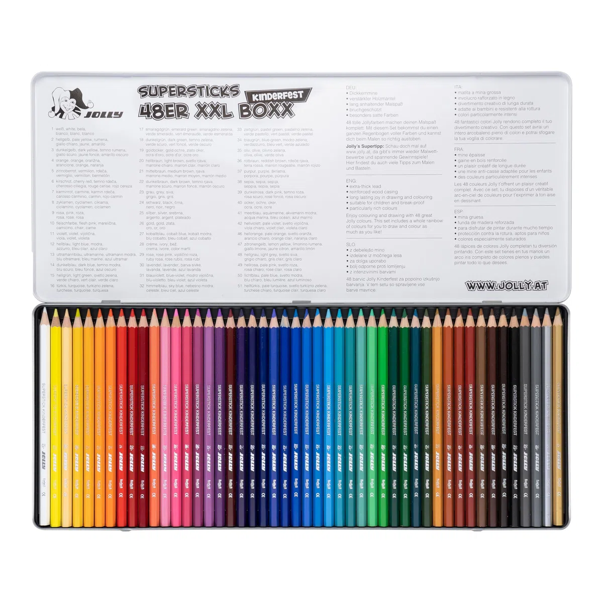 JOLLY, 48 unidades XXL Boxx Magic, estuche de metal con imagen oscilante, 48 lápices de colores de madera de tilo, irrompibles y no tóxicos, colores ricos y brillantes, incluye regla, fabricado en