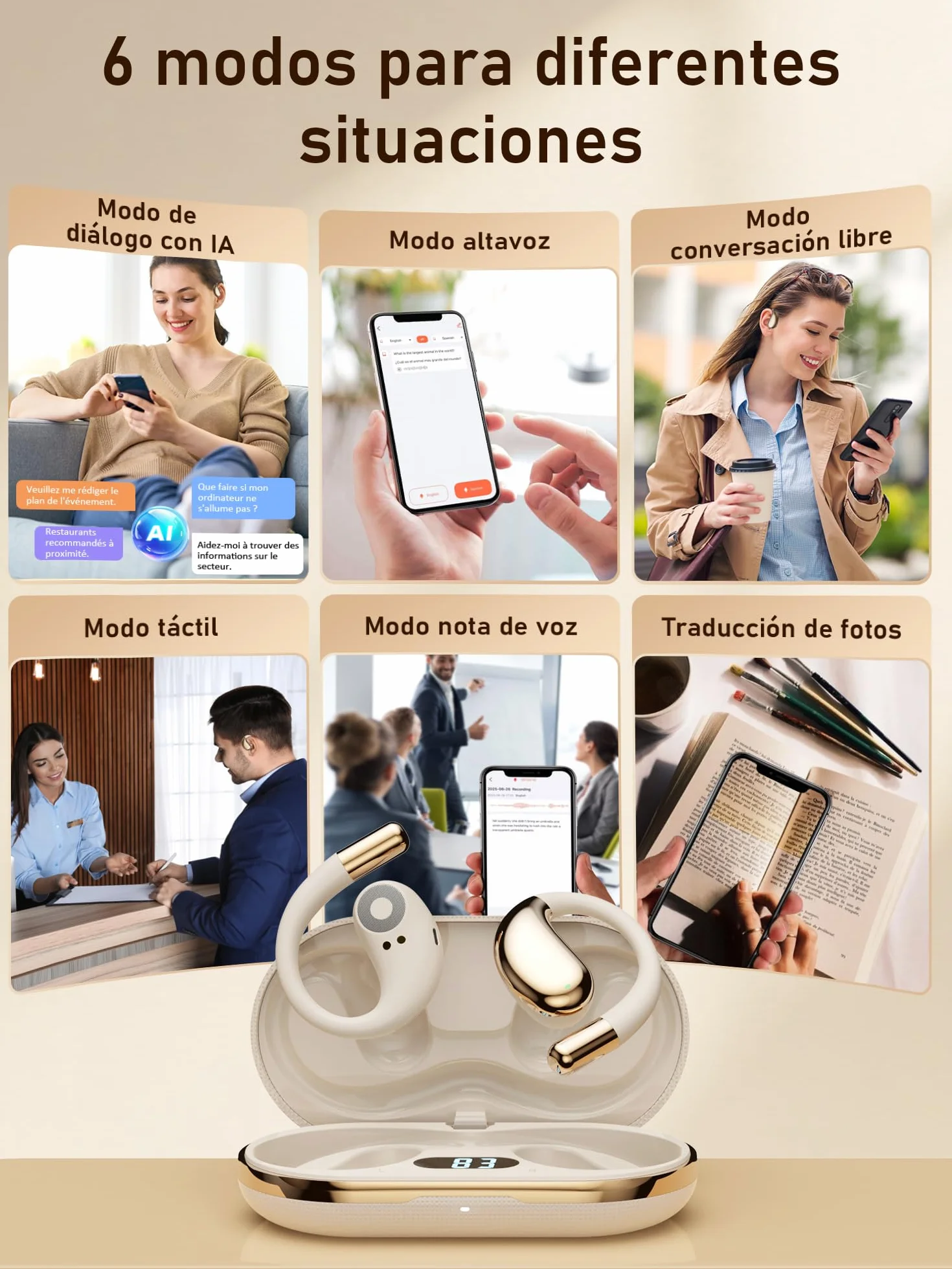 AI Auriculares Traductor en Tiempo Real: Open Ear Traductor Instantaneo de Voz Auriculares Traductores 6 Modos Traducción 156 Idiomas - Auriculares Inalambricos Bluetooth 6.0 para Viajes Negocios
