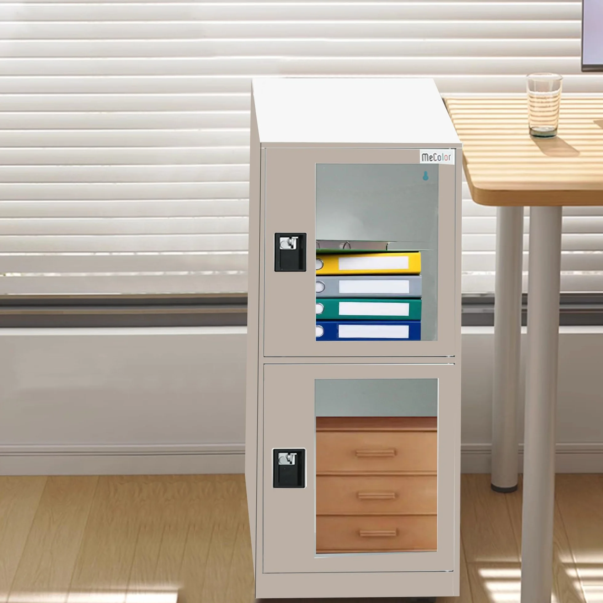 MECOLOR Gabinete de Almacenamiento con candado, pequeño archivador de Oficina, Armario de Almacenamiento de Metal para Sala de Estar, Gimnasio (Blanco Completo, G2V)