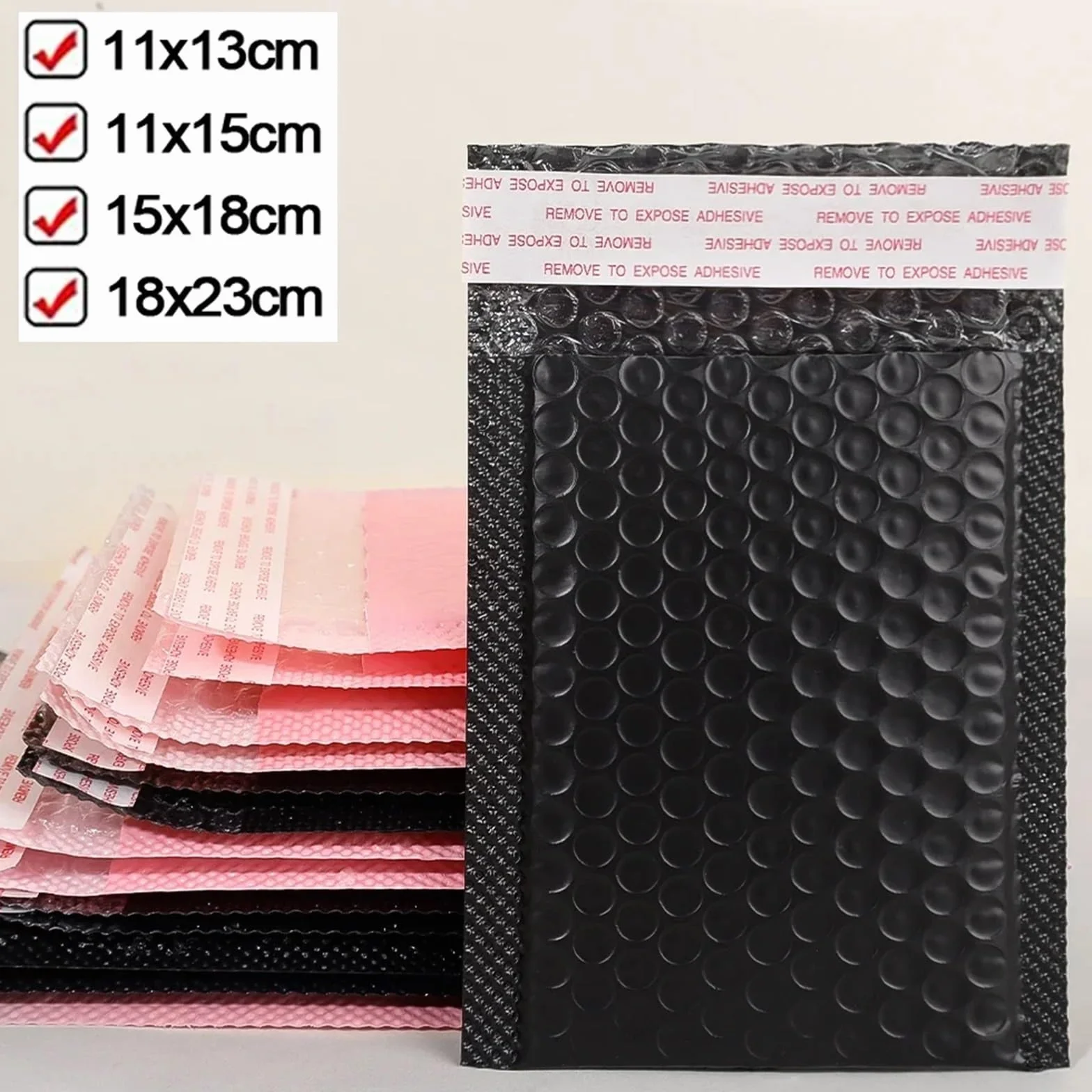 50-10 sobres de burbujas negros/rosas, autosellados, acolchados x | Paquetes de envío impermeables for suministros de maquillaje y joyería(Black-50pcs,15*18cm)