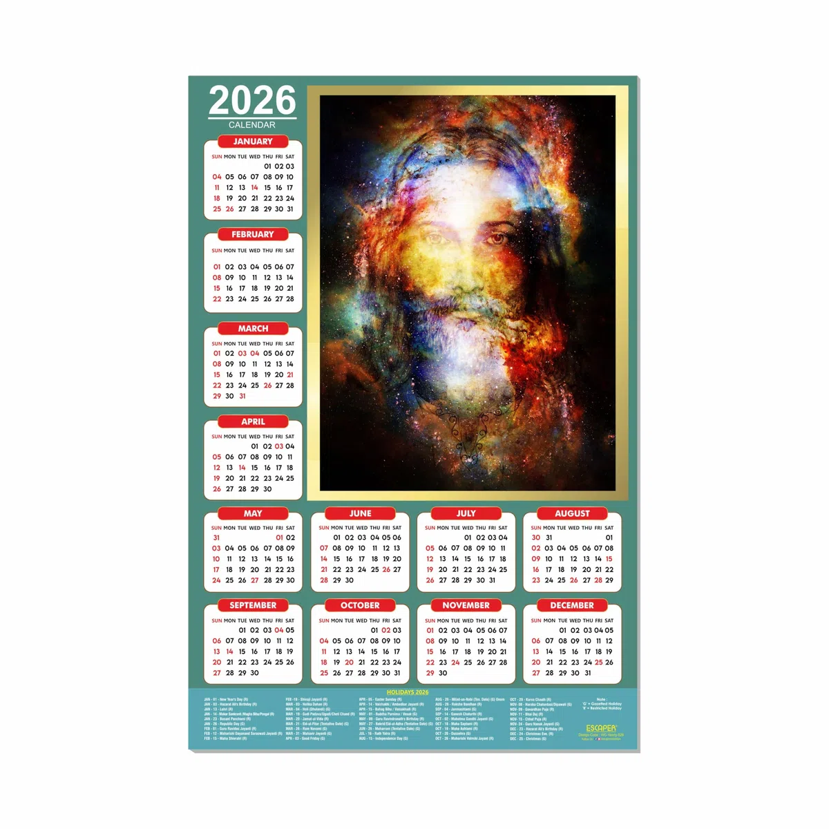 ESCAPER Calendario de pared de Jesús 2026, 12 x 18 pulgadas, calendario cristiano laminado con vacaciones indias, decoración religiosa de pared para el hogar y la oficina