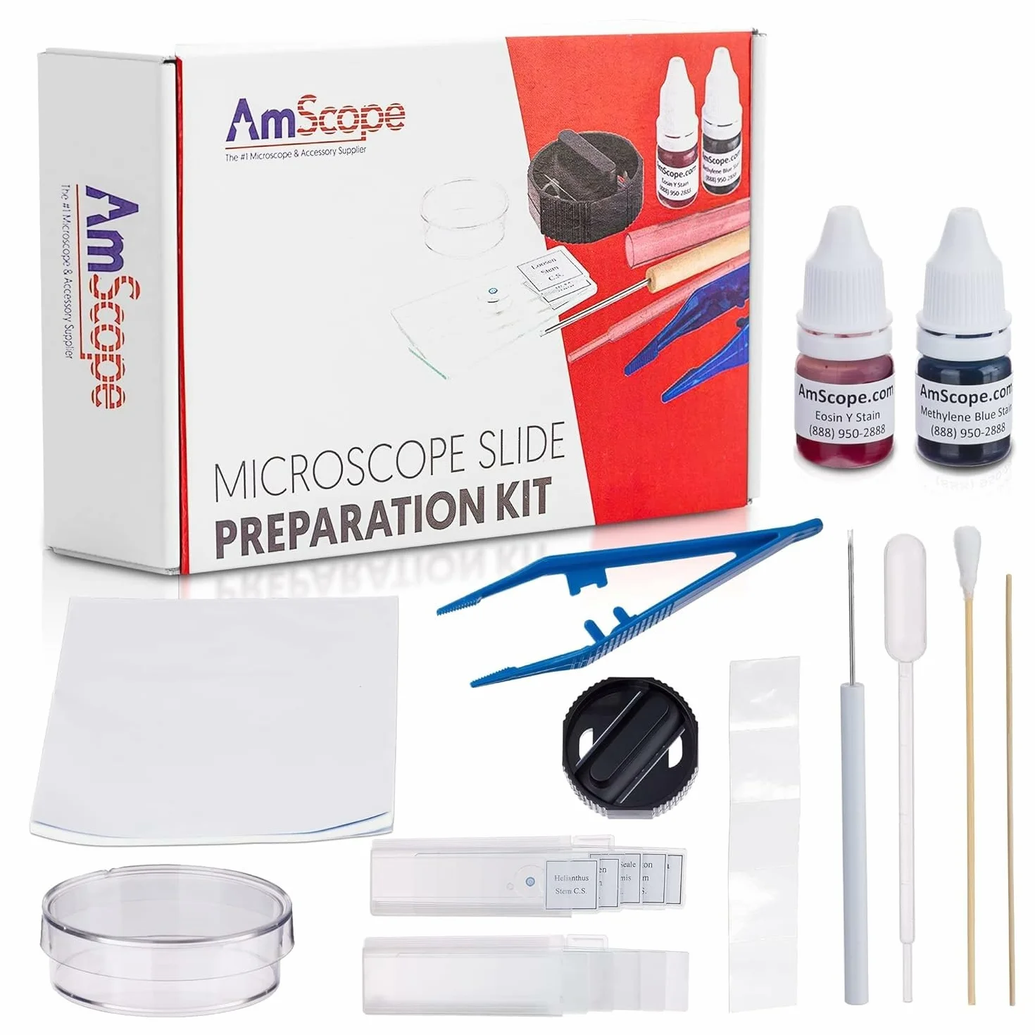 AmScope SP-14 - Juego de preparación de portaobjetos para microscopio (incluye manchas)