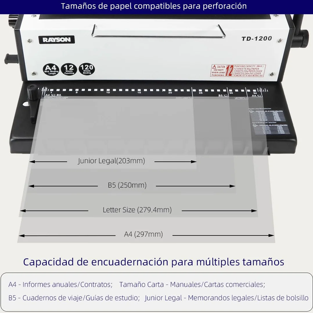RAYSON Encuadernadora Espiral Wire-o de Paso 3:1, Perfora 12 Hojas, Encuaderna Hasta 120 Hojas, 34 Agujeros Cuadrados, TD-1200