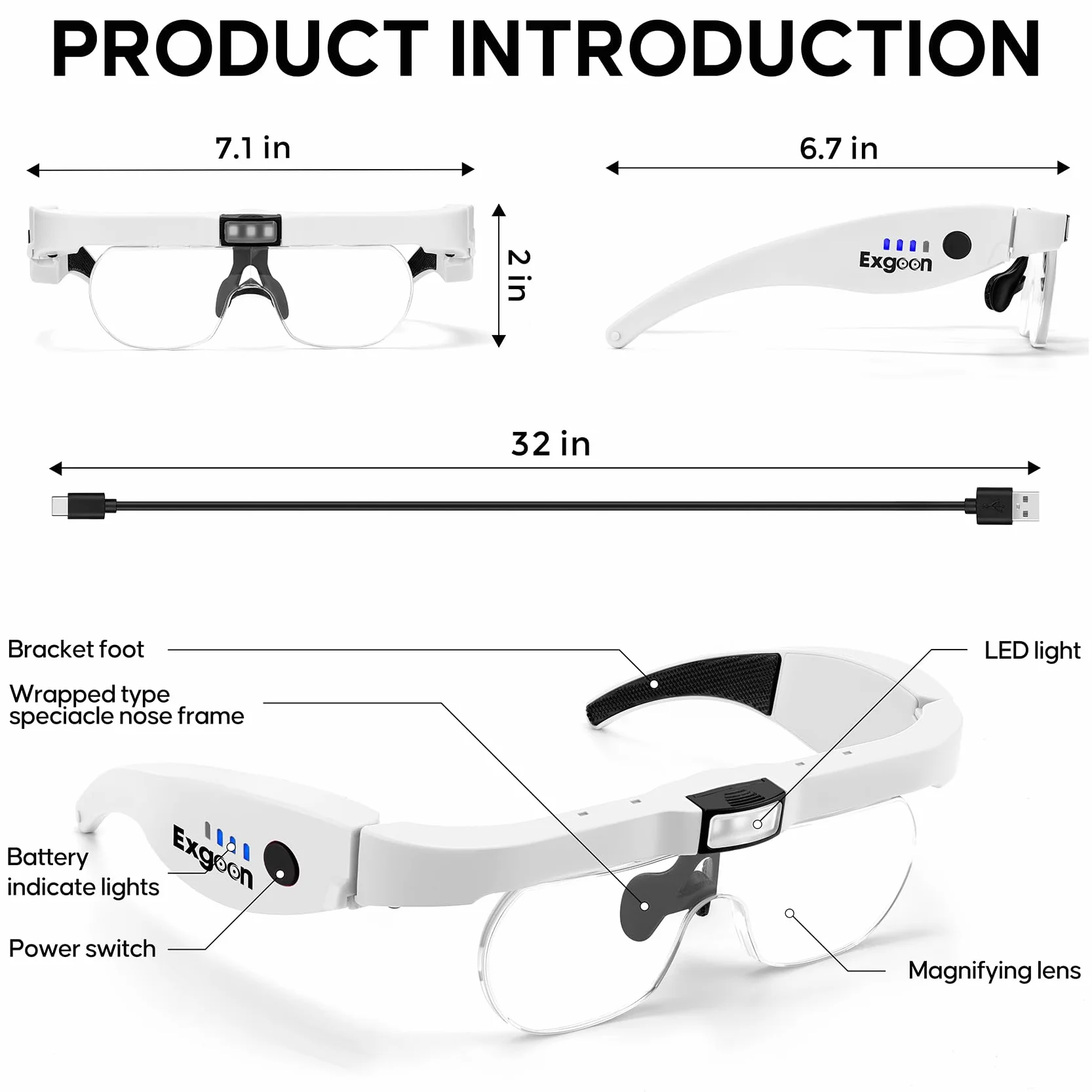 Gafas Lupa con luz led, Aumento de 1.5X a 5X con 4 Lentes reemplazables, Lupa Recargable Manos Libres con luz para Manualidades, Pintura de Diamantes y joyería (Blanco)