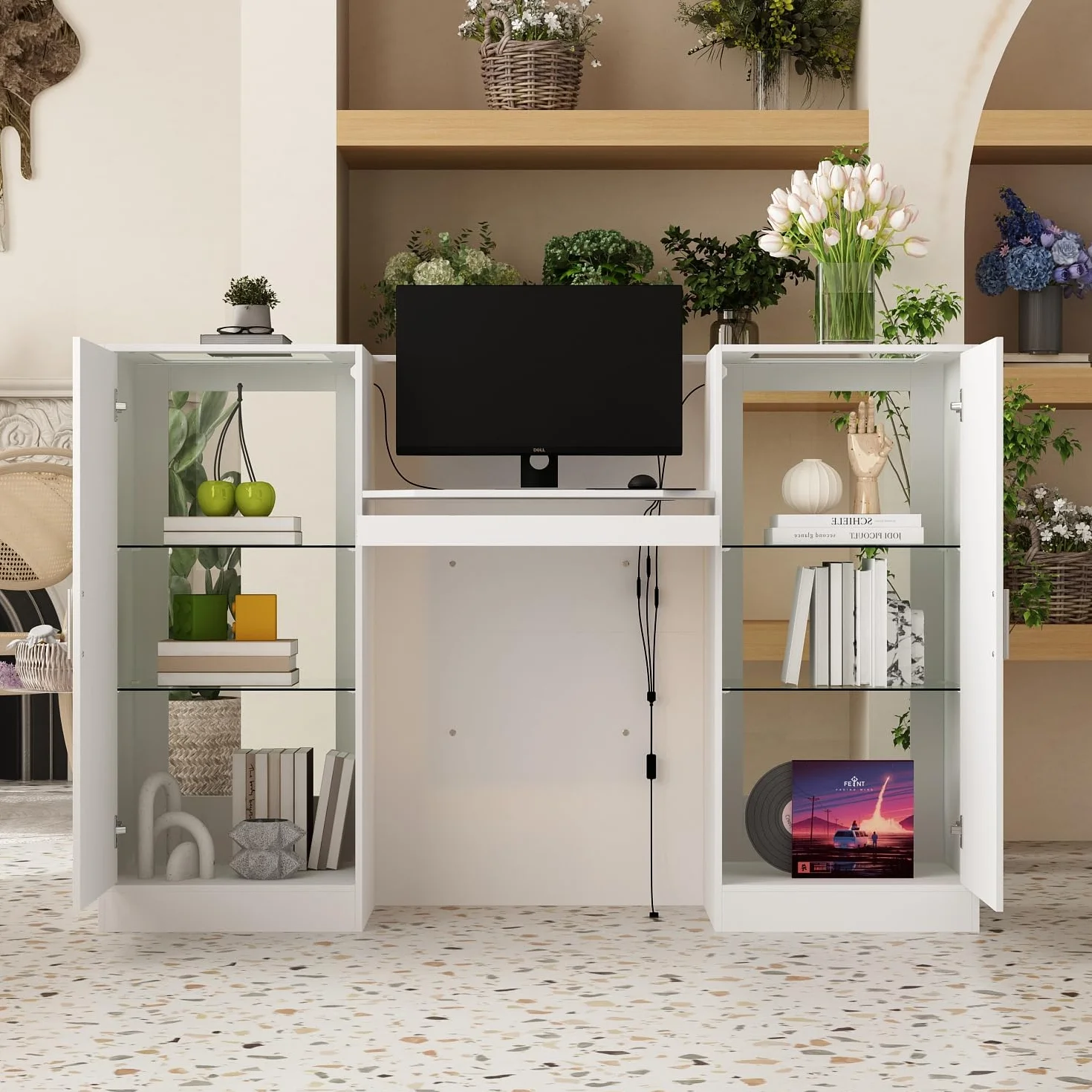 Mesa de recepción blanca con barra de luz, 2 armarios y 1 cajón de teclado, 150 x 52 x 100 cm