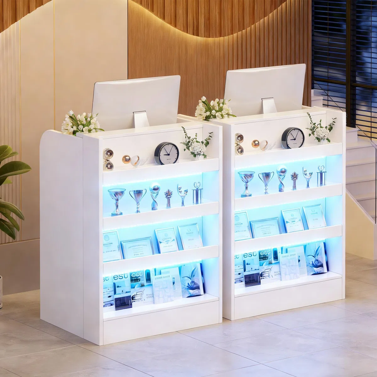 Mostrador de Recepción con Iluminación LED, Cajón con Cerrojo y Estante Exhibidor | Compacto Mostradores para Tiendas Escritorio de Recepción Moderno para Oficina, Tienda o Salón | Blanco | 60x60x95cm