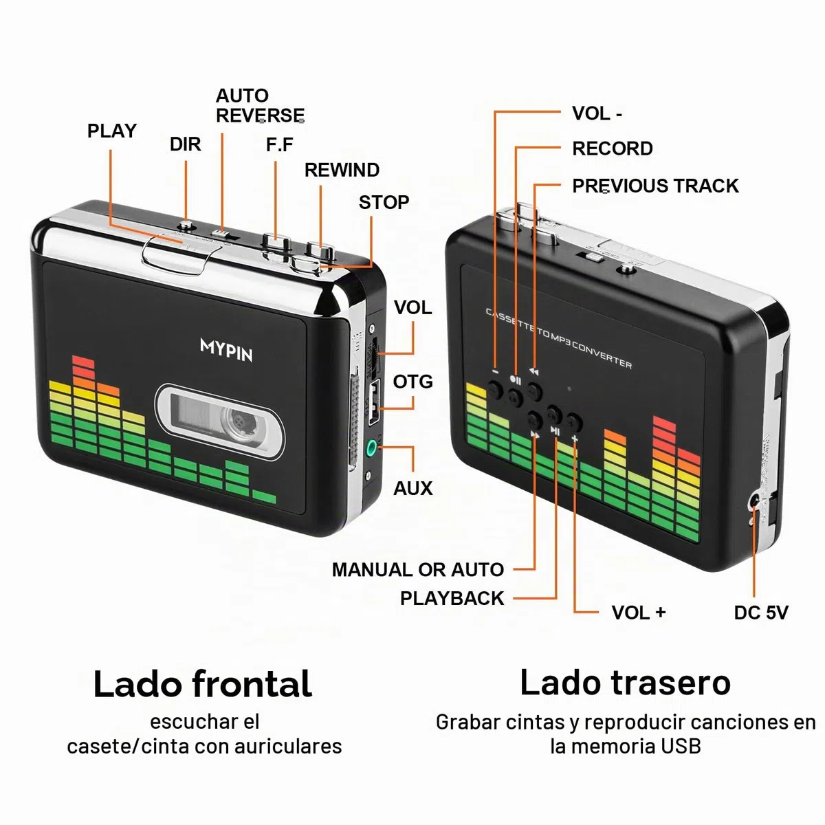 Reproductor de Cassette Portátil, Convertidor de Cassette a MP3,Retro Inverso Automático con Auriculares,Grabadora Cassette Directamente a la Unidad Flash USB/no Necesita PC