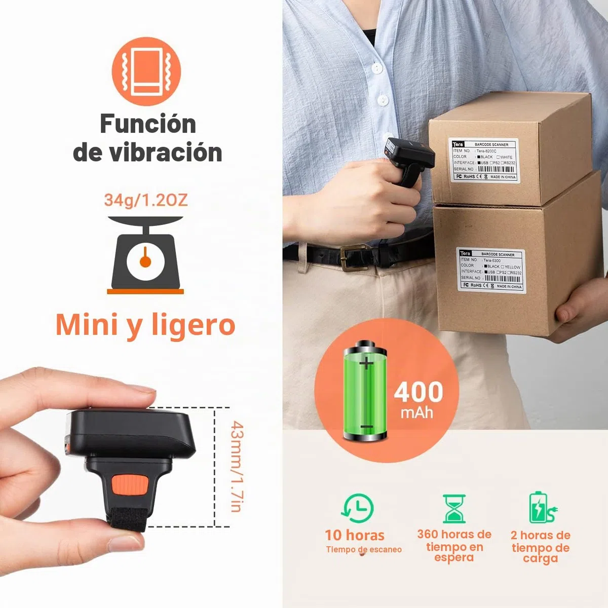Tera Pro Series Mini 1MP CMOS Ring Lector de código de Barras Escáner de código QR 2D 1D Inalámbrico 2.4G y Bluetooth y USB 2.0 Cable portátil, HW0010