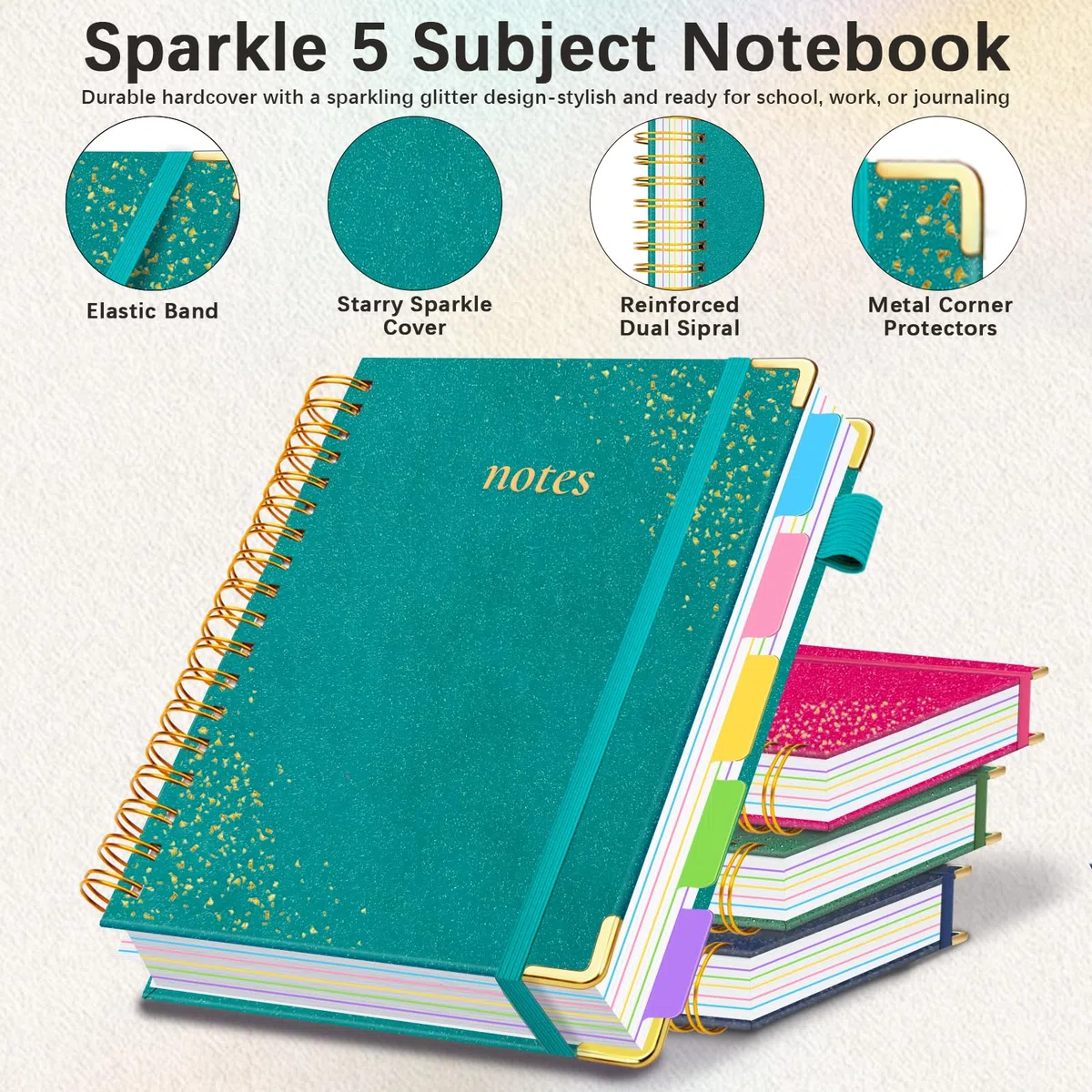 Cuaderno en espiral de tapa dura con separadores y pestañas extraíbles, 8 x 10 pulgadas, cuadernos de 5 temas para el trabajo, cuaderno de rayas universitarias, diario B5 con rayas brillantes